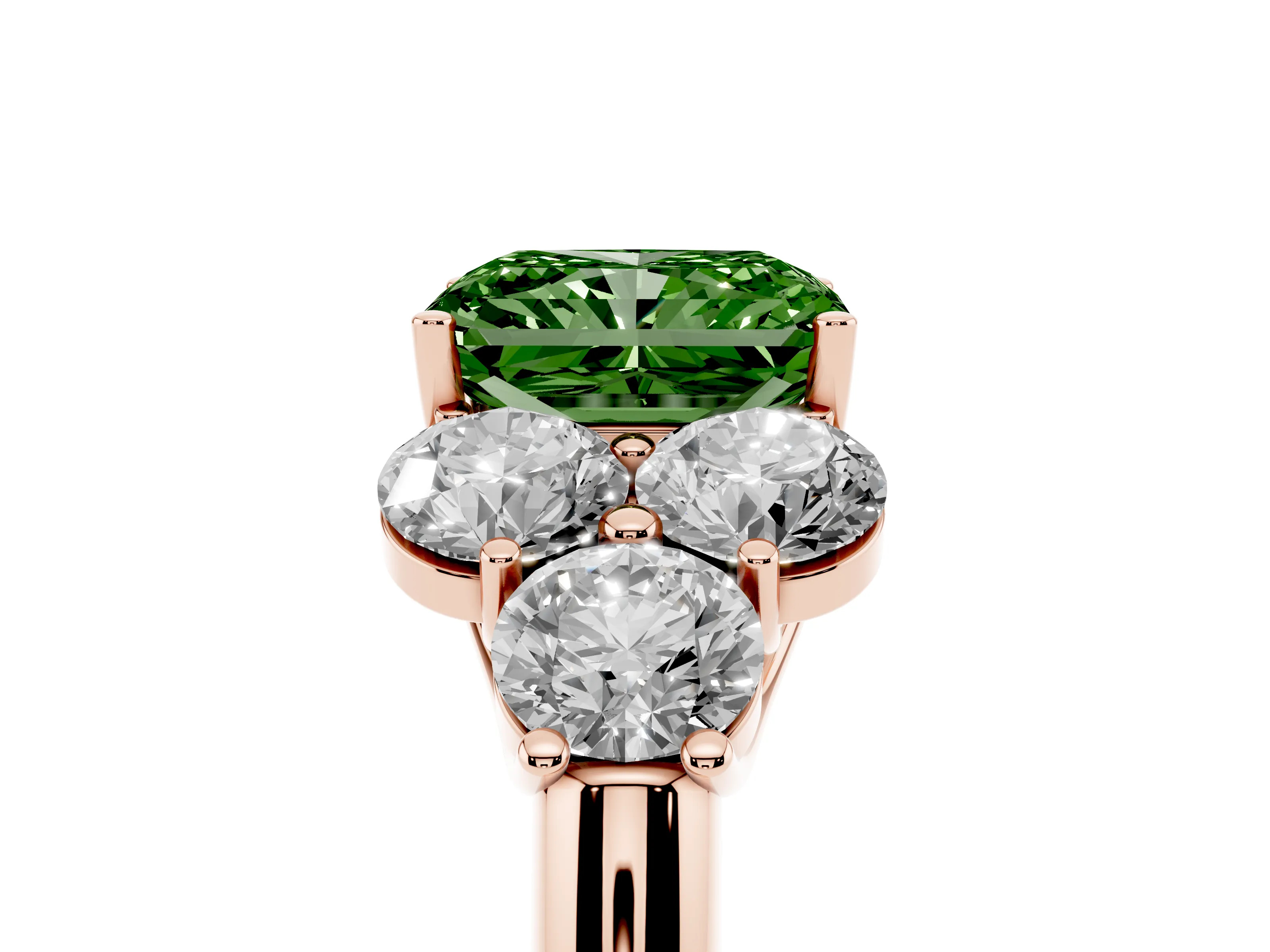 Fancy Green Radiant Cut Diamond Cluster Ring Set in Rose gold with Round Accent Stones and Prong Setting on a Plain Band
