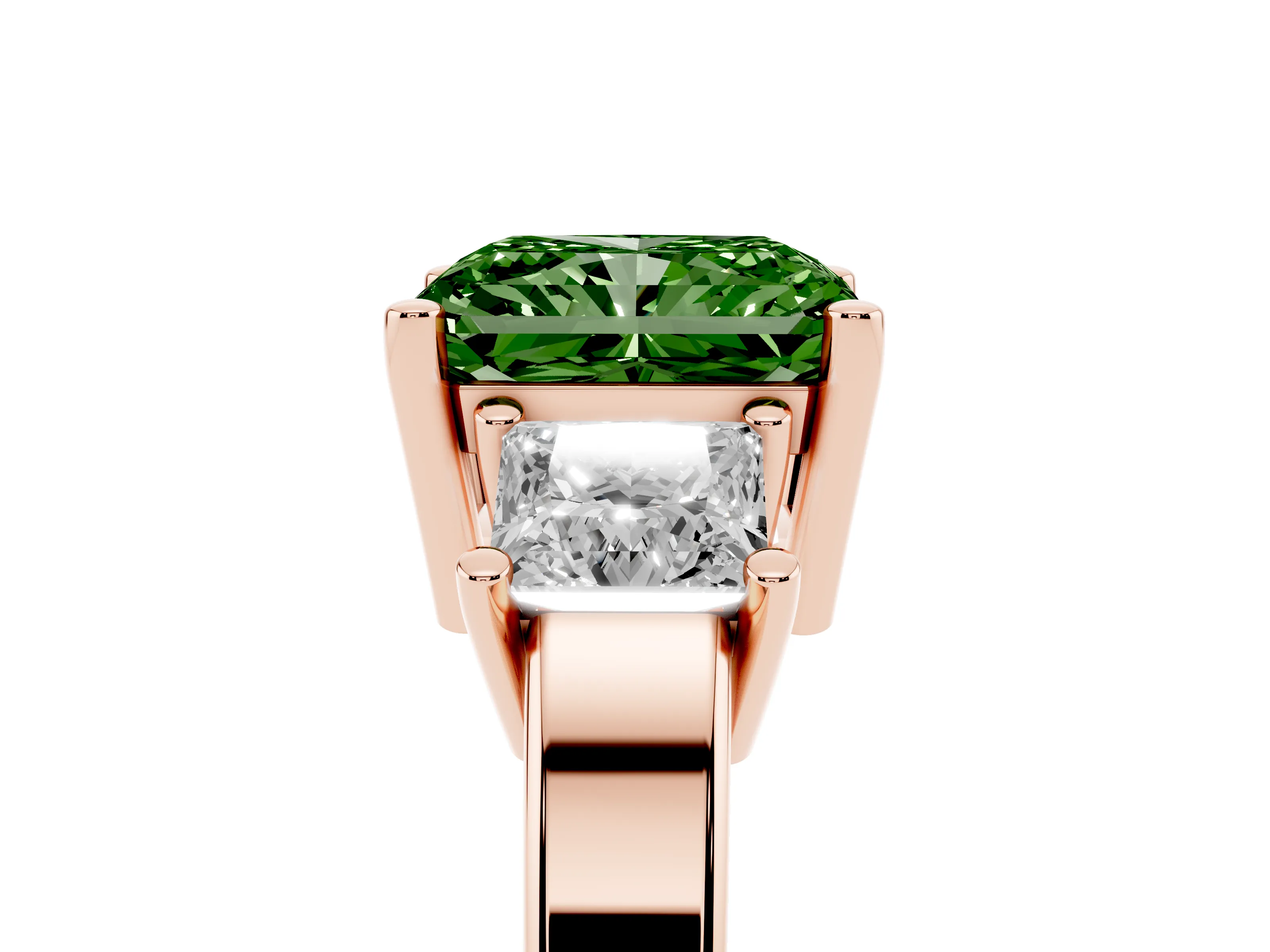 Fancy Green Three-Stone Radiant Cut Diamond Solitaire Ring Set in Rose gold with Prong Setting