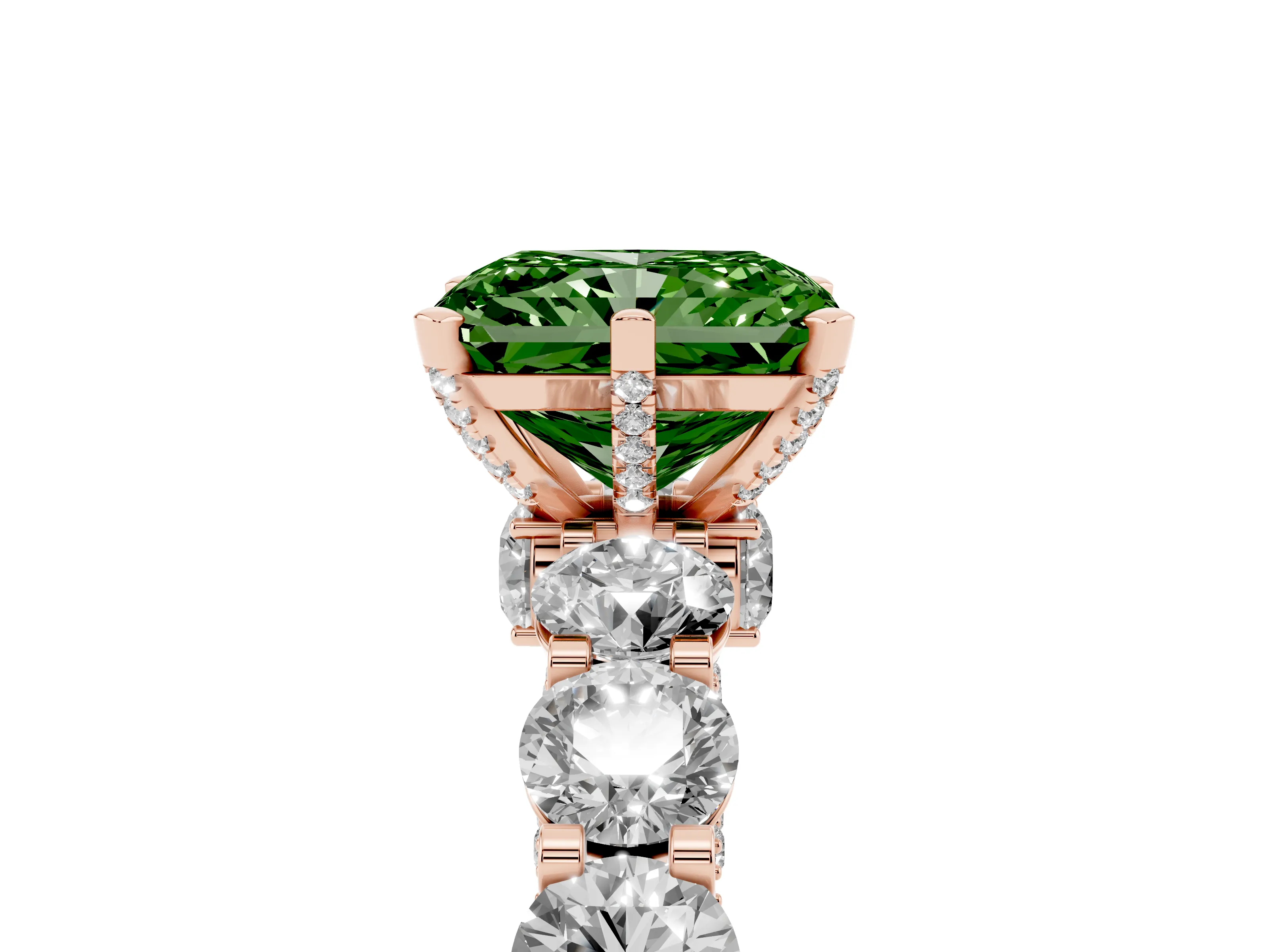 Fancy Green Radiant Cut Diamond Side Stone Ring Set in Rose gold with Alternating Round and Oval Side Stones