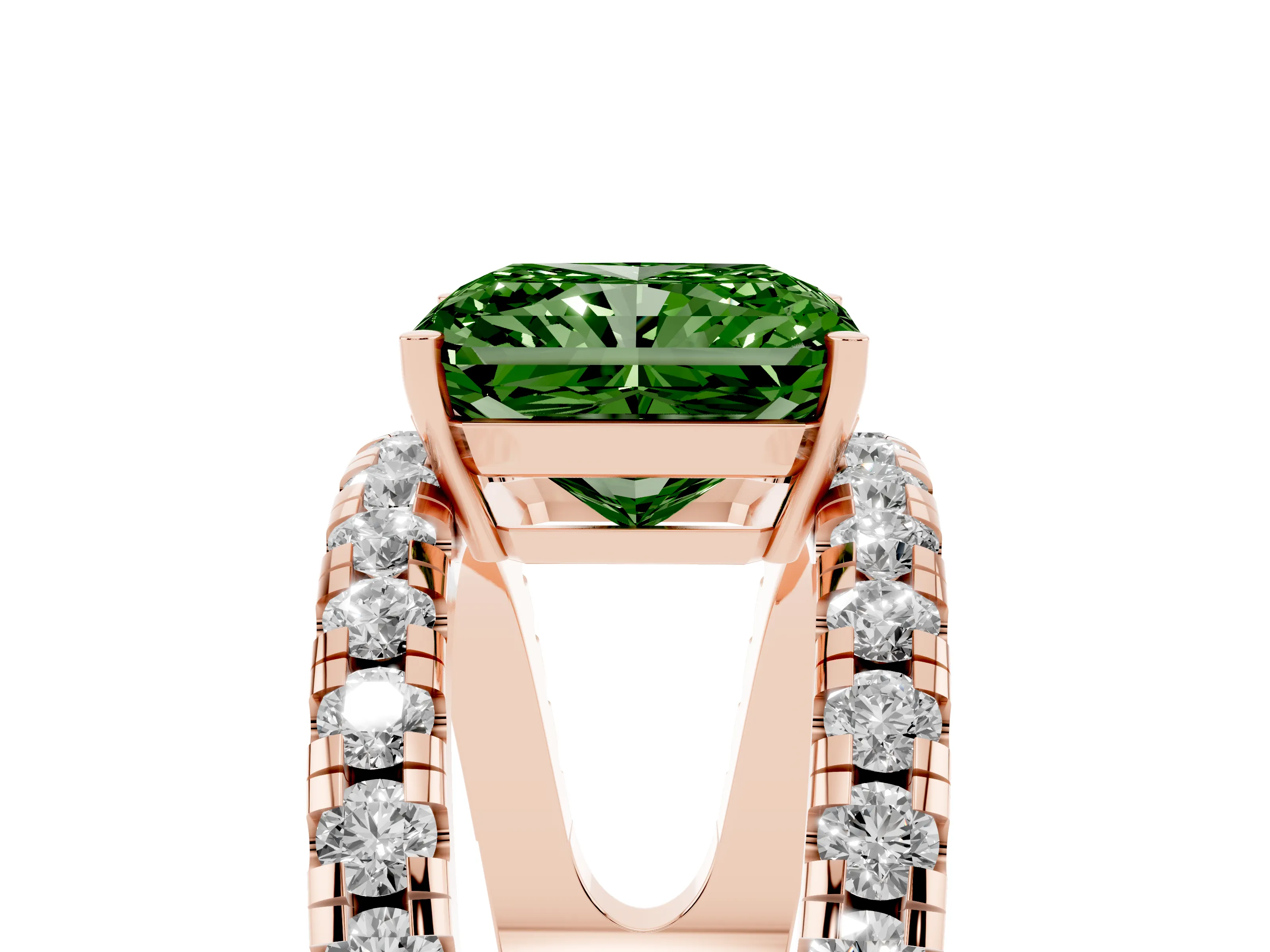 Fancy Green Radiant Cut Diamond Split Shank Pavé Solitaire Ring Set in Rose gold with Open Shank Design