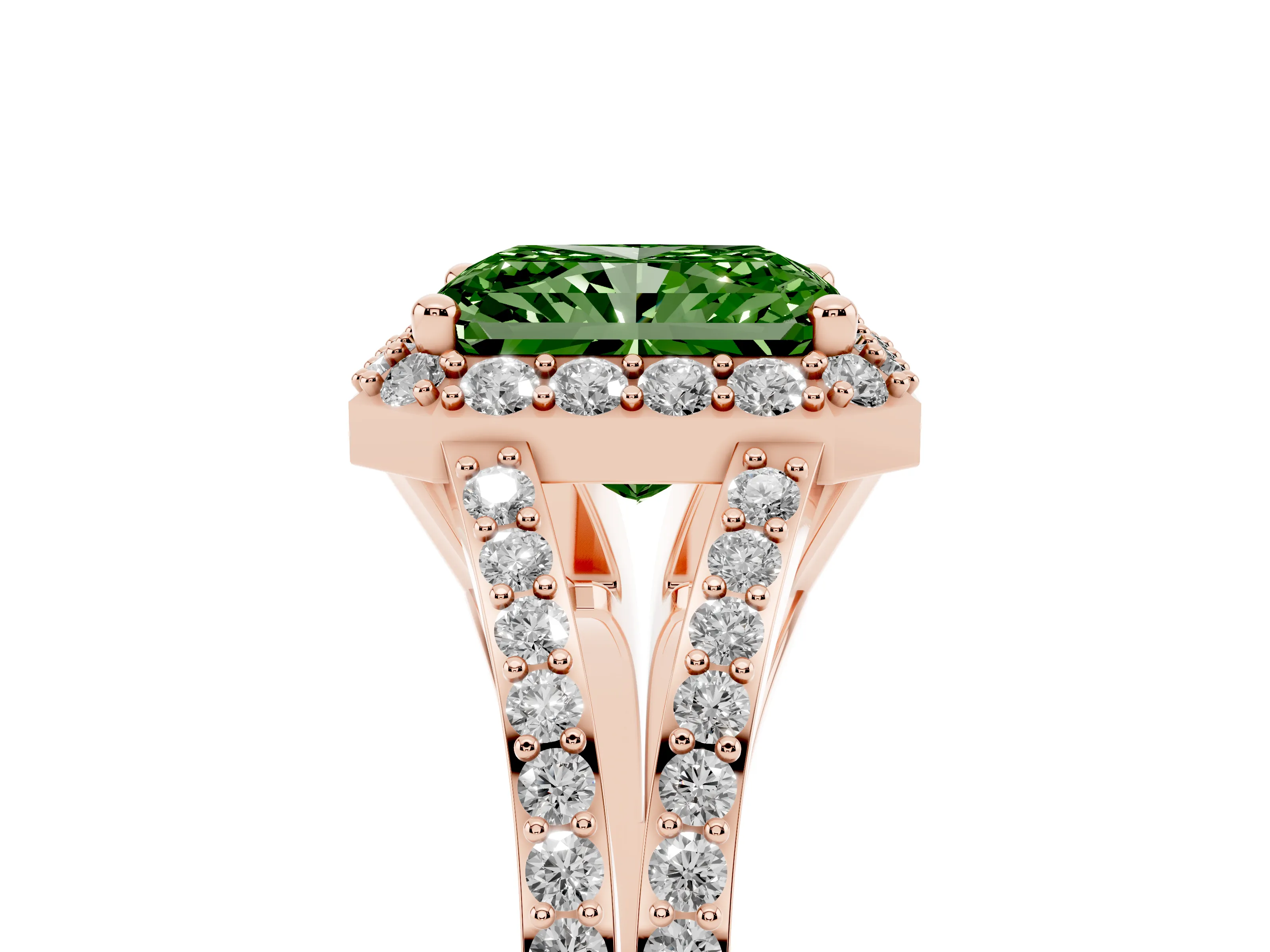 Fancy Green Radiant Cut Diamond Halo Split Shank Pavé Ring Set in Rose gold with Prong Setting