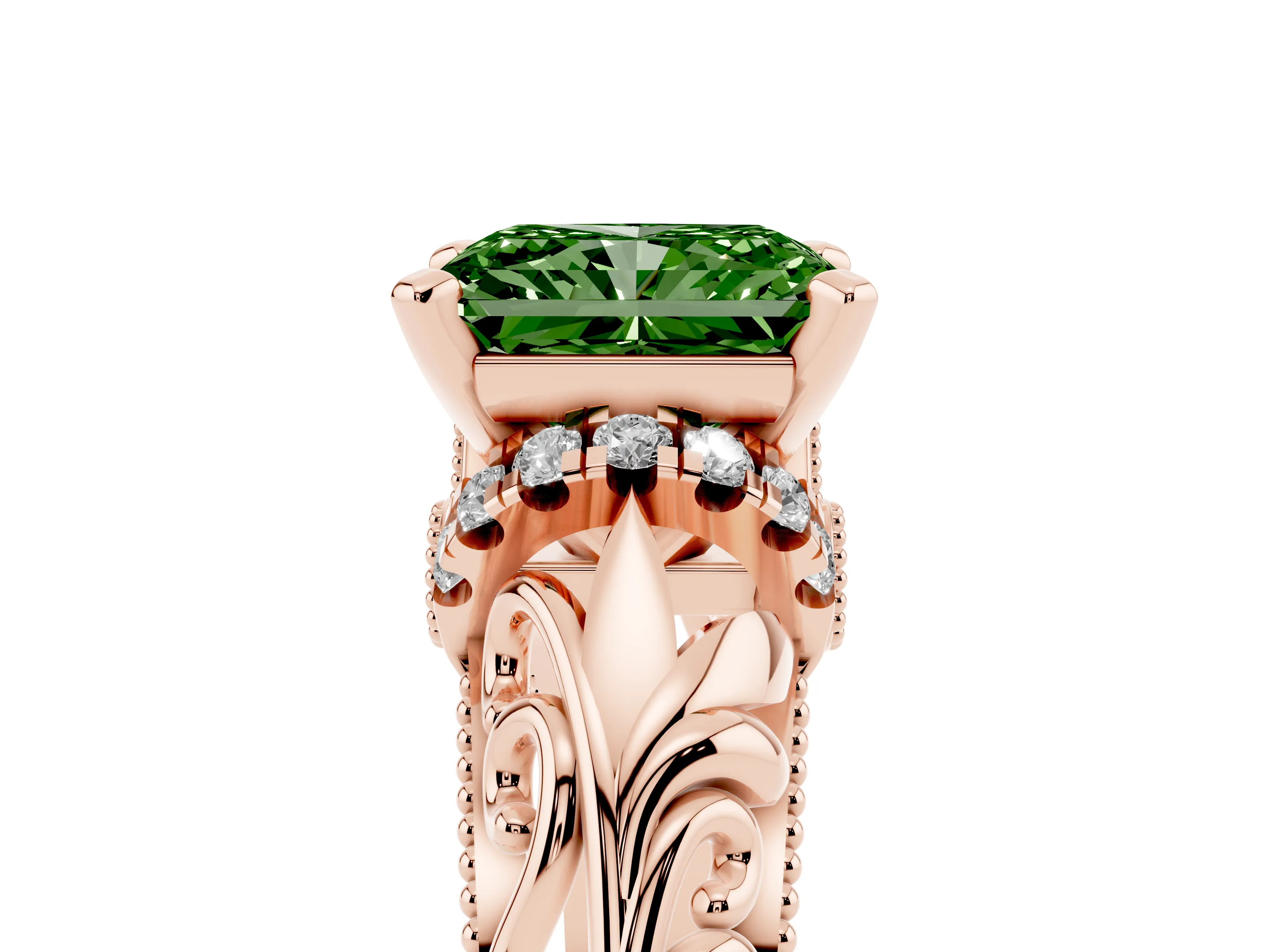 Fancy Green Radiant Cut Diamond Filigree Halo Engagement Ring Set in Rose gold with Prong Setting