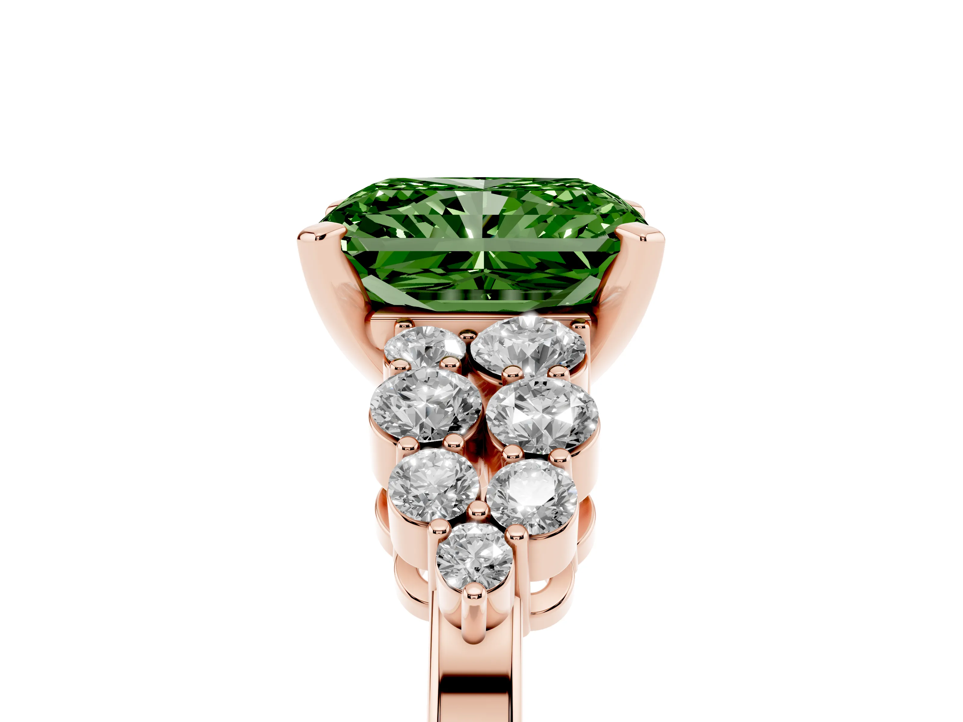 Fancy Green Radiant Cut Diamond Cluster Engagement Ring Set in Rose gold with Pavé Band and Prong Setting