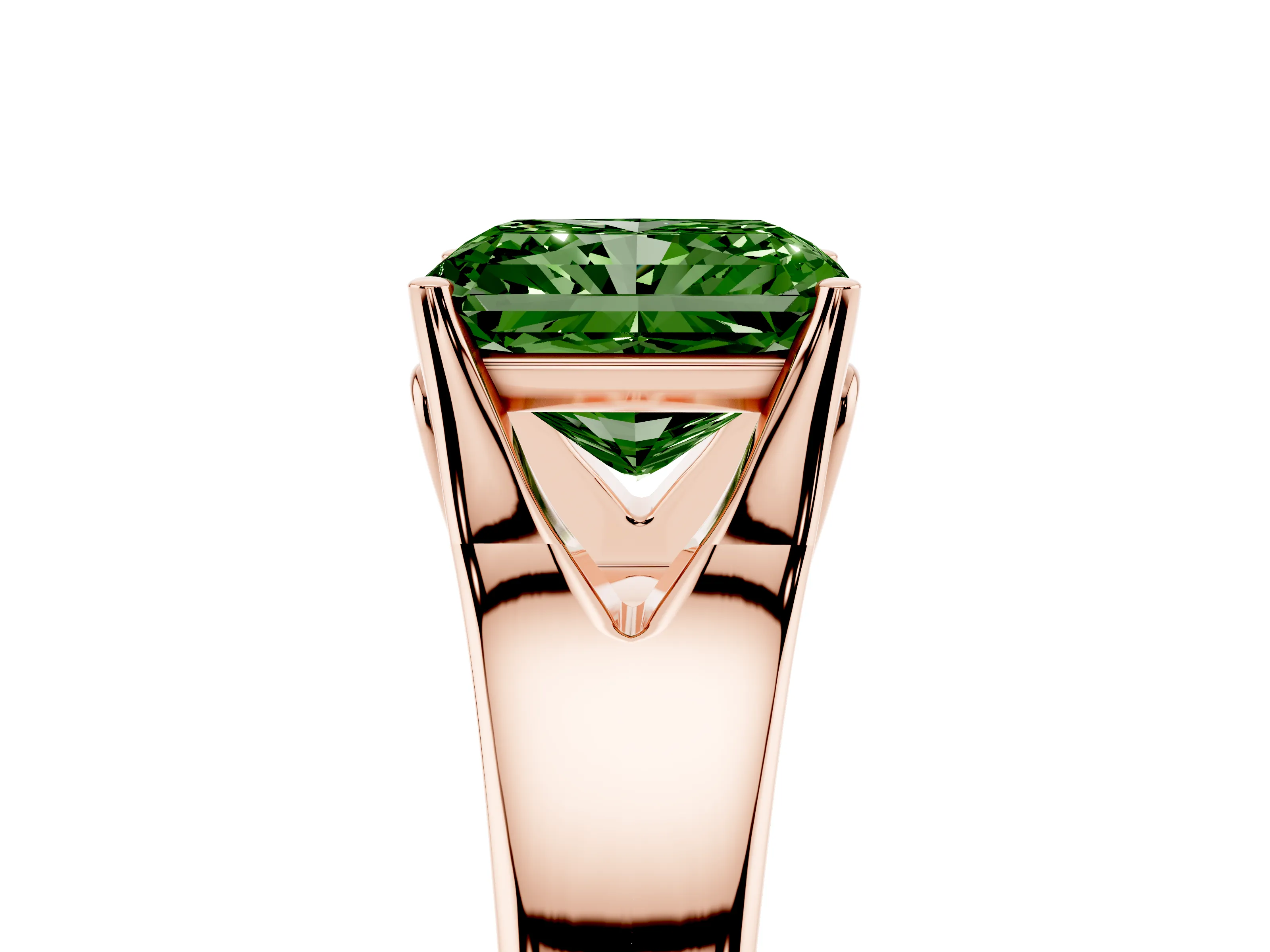 Fancy Green Radiant Cut Diamond Solitaire Ring Set in Rose gold with Arched Cathedral Band and Prong Setting