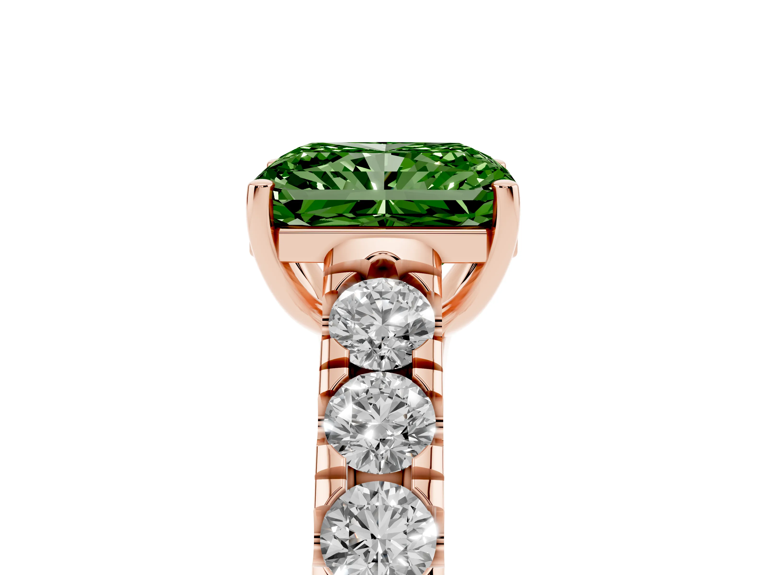 Fancy Green Radiant Cut Diamond Solitaire Ring Set in Rose gold with Cut-Down Micro Pavé Band and Prong Setting