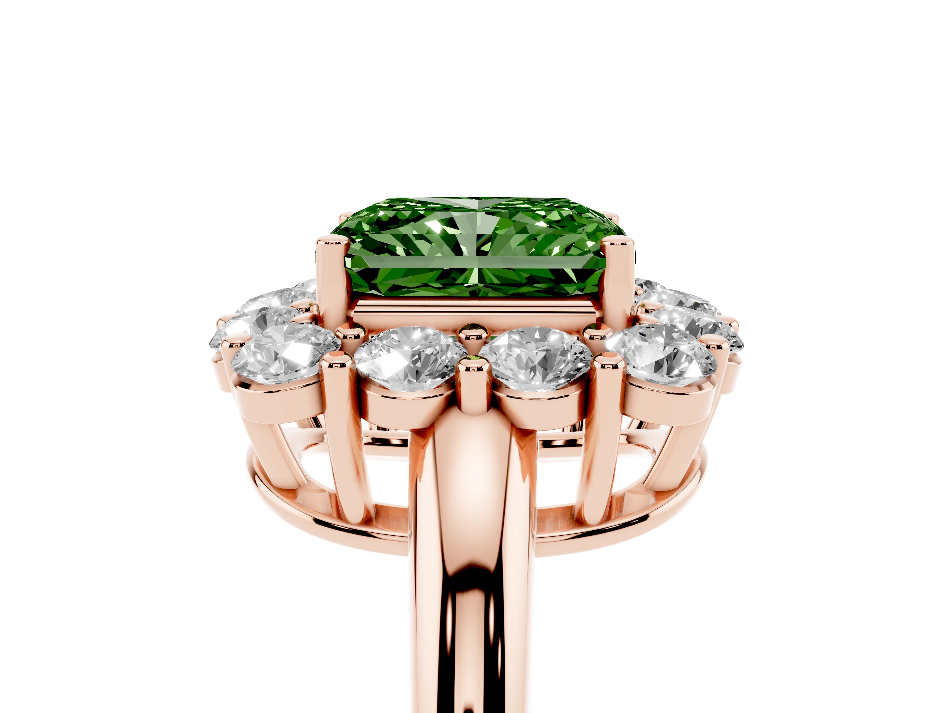 Fancy Green Radiant Cut Diamond Halo Cluster Engagement Ring Set in Rose gold with Polished Band and Prong Setting