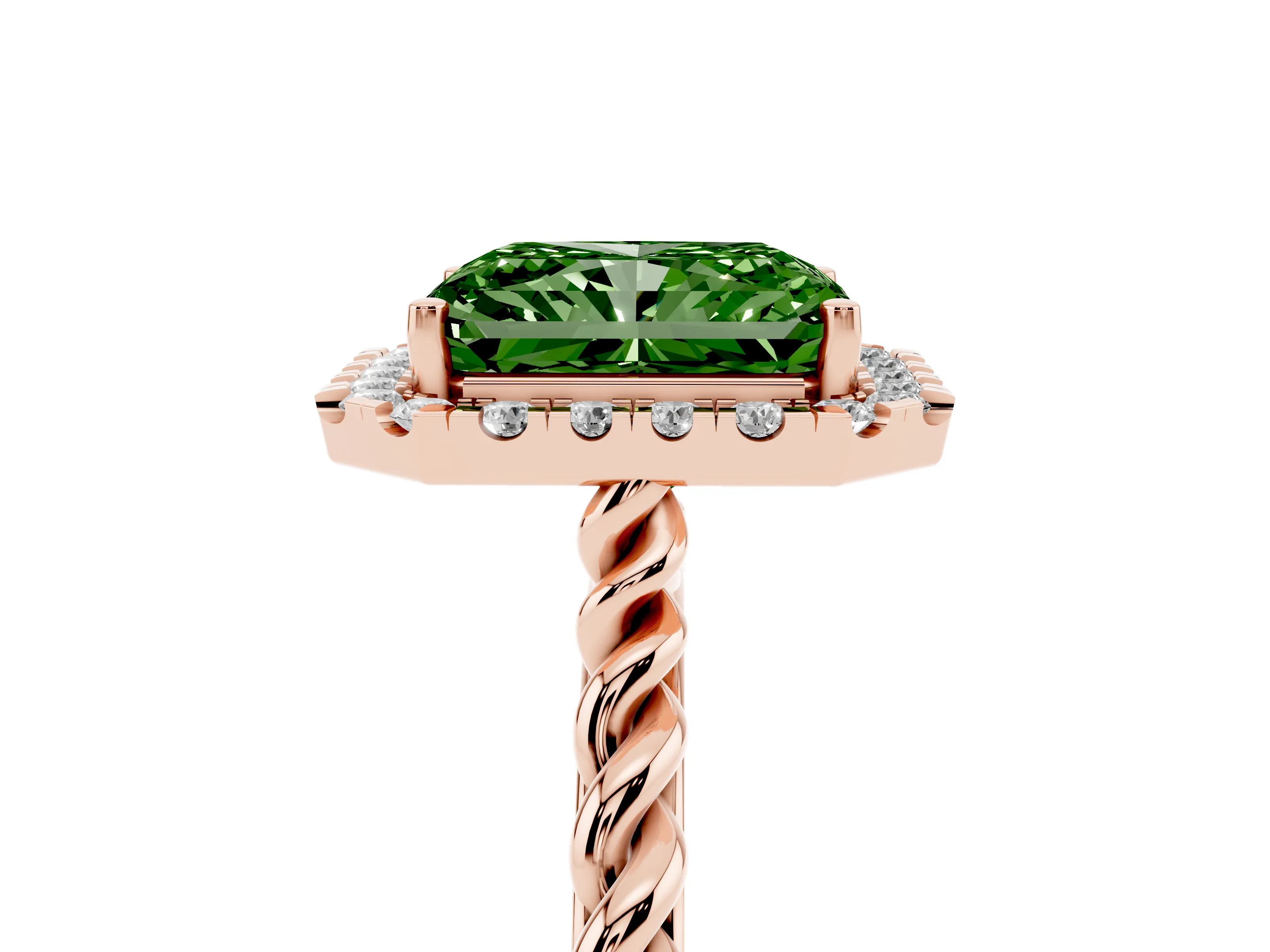 Fancy Green Radiant Cut Diamond Halo Ring Set in Rose gold with Plain Twisted Band
