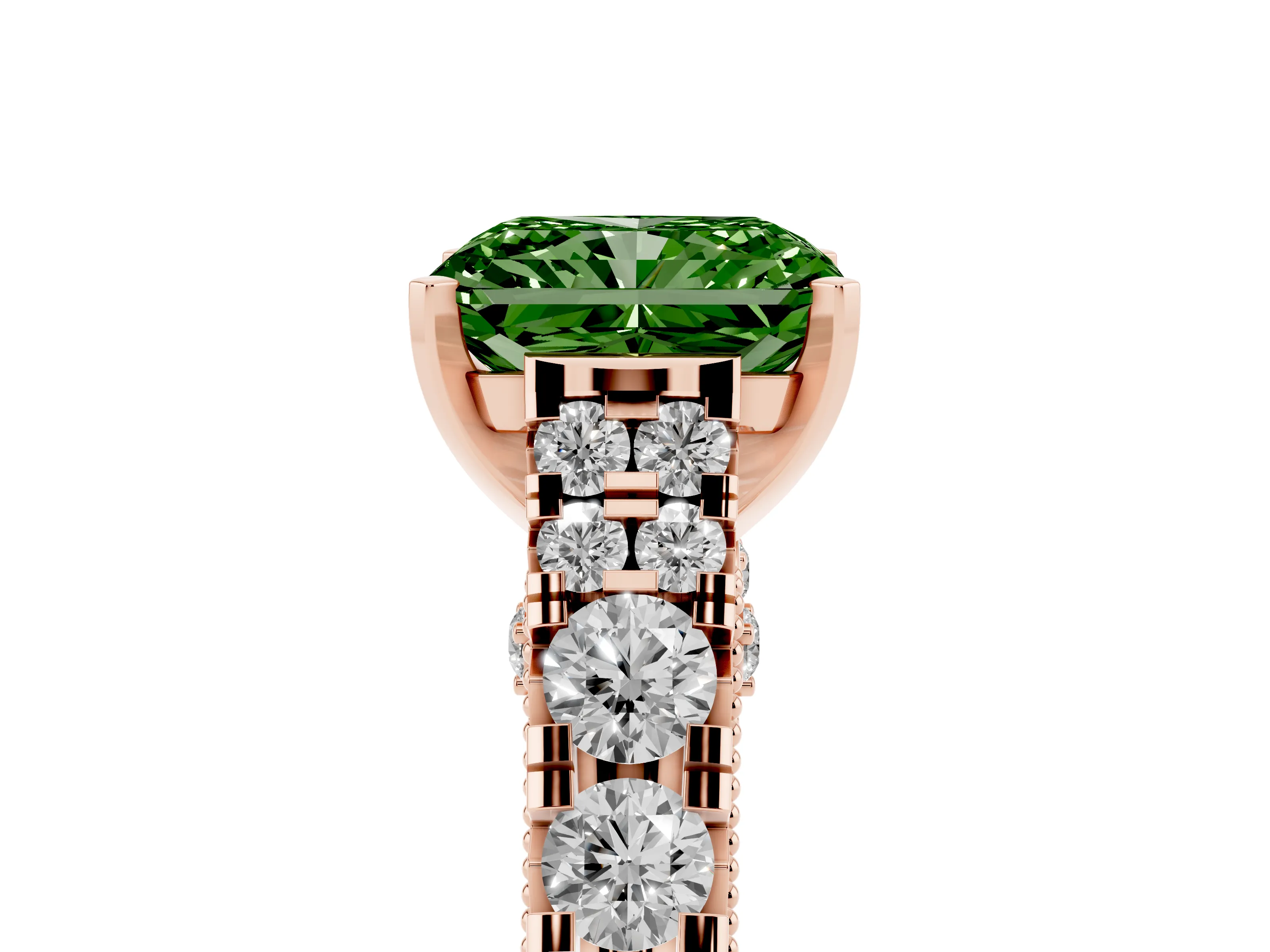 Fancy Green Radiant Cut Diamond Classic Solitaire Ring Set in Rose gold with Pavé Band and Prong Setting