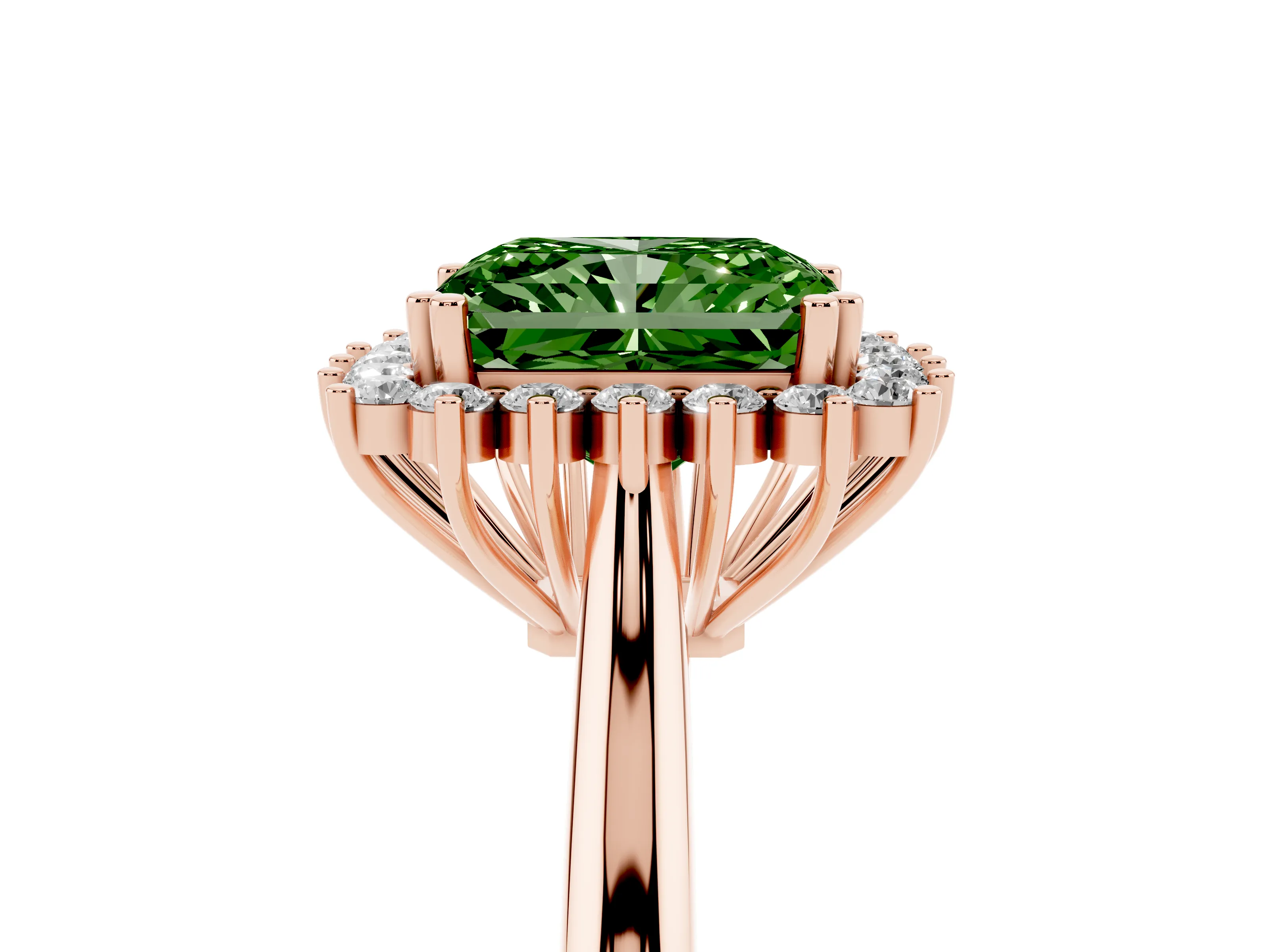 Fancy Green Radiant Cut Diamond Halo Ring Set in Rose gold with Plain Solitaire Band and Prong Setting