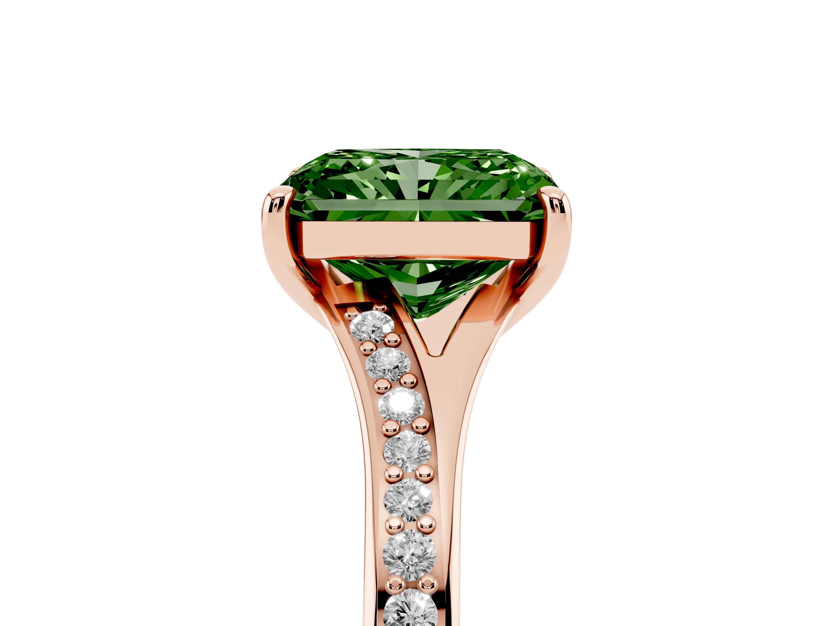 Fancy Green Radiant Cut Diamond Solitaire Ring Set in Rose gold with Pavé Accent Band and Classic Prong Setting