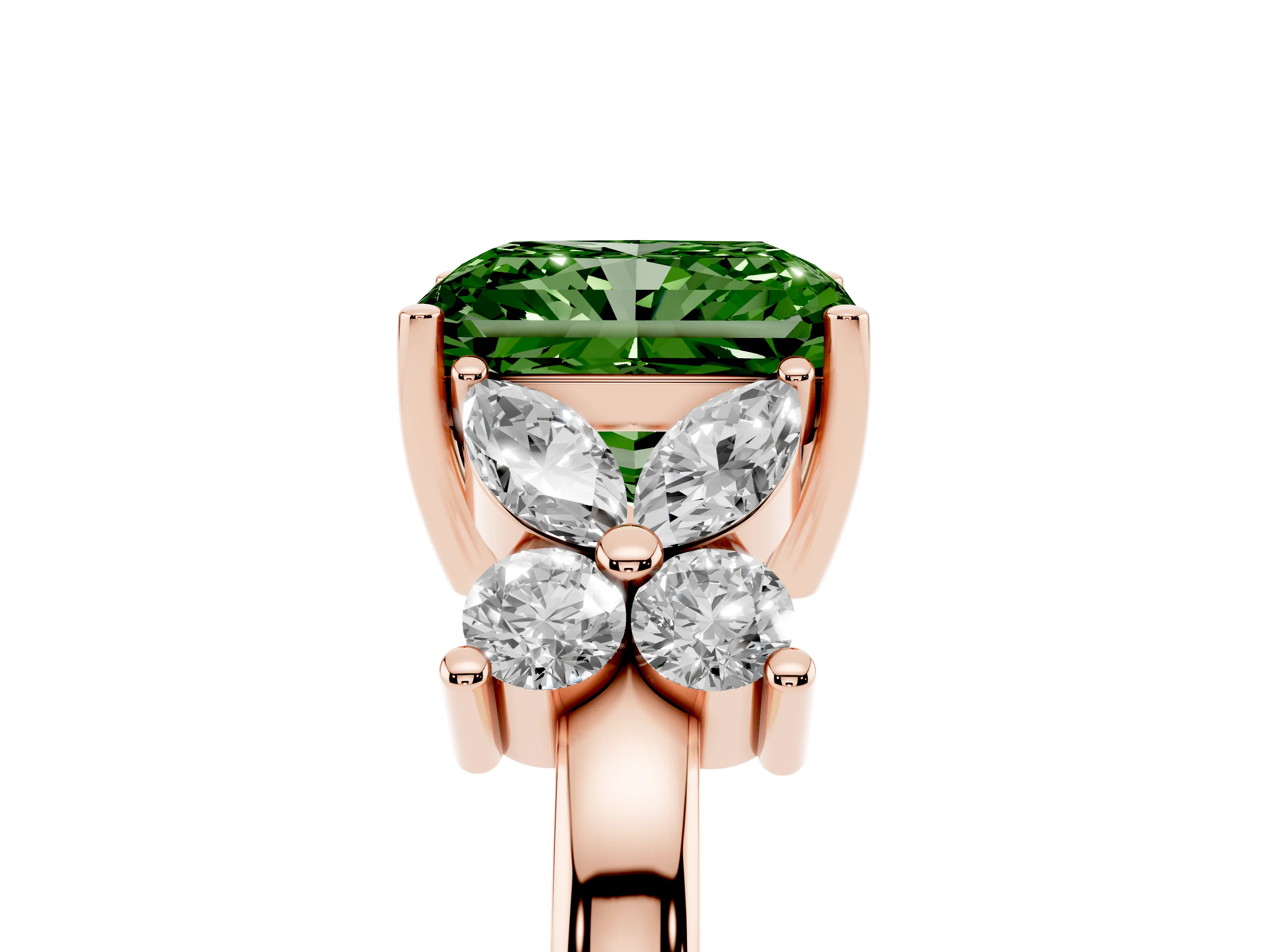 Fancy Green Radiant Cut Diamond Floral Cluster Ring Set in Rose gold with Marquise Petals and Prong Setting
