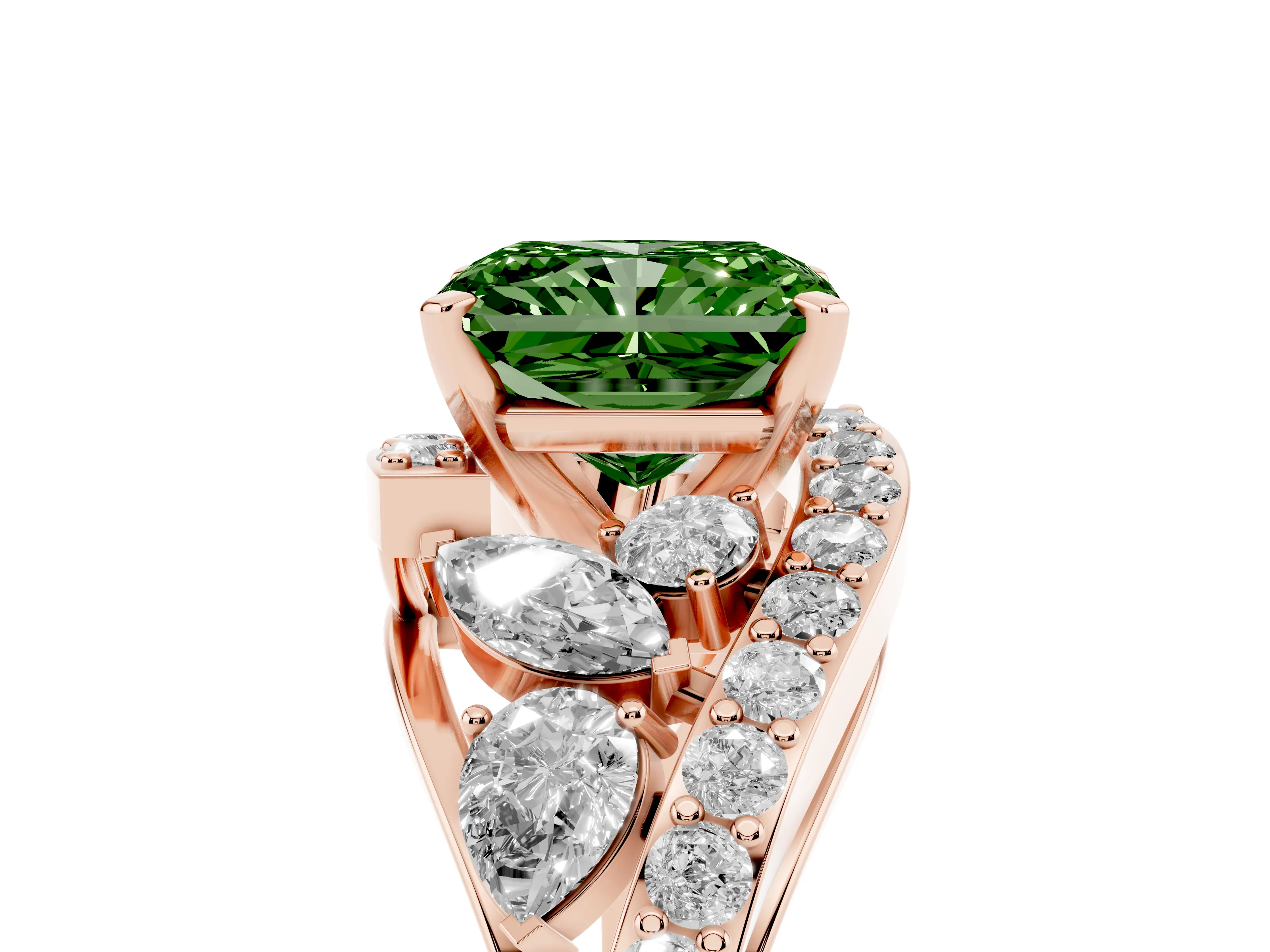 Fancy Green Radiant Cut Diamond Halo Ring Set in Rose gold with Marquise and Pavé Band in Prong Setting