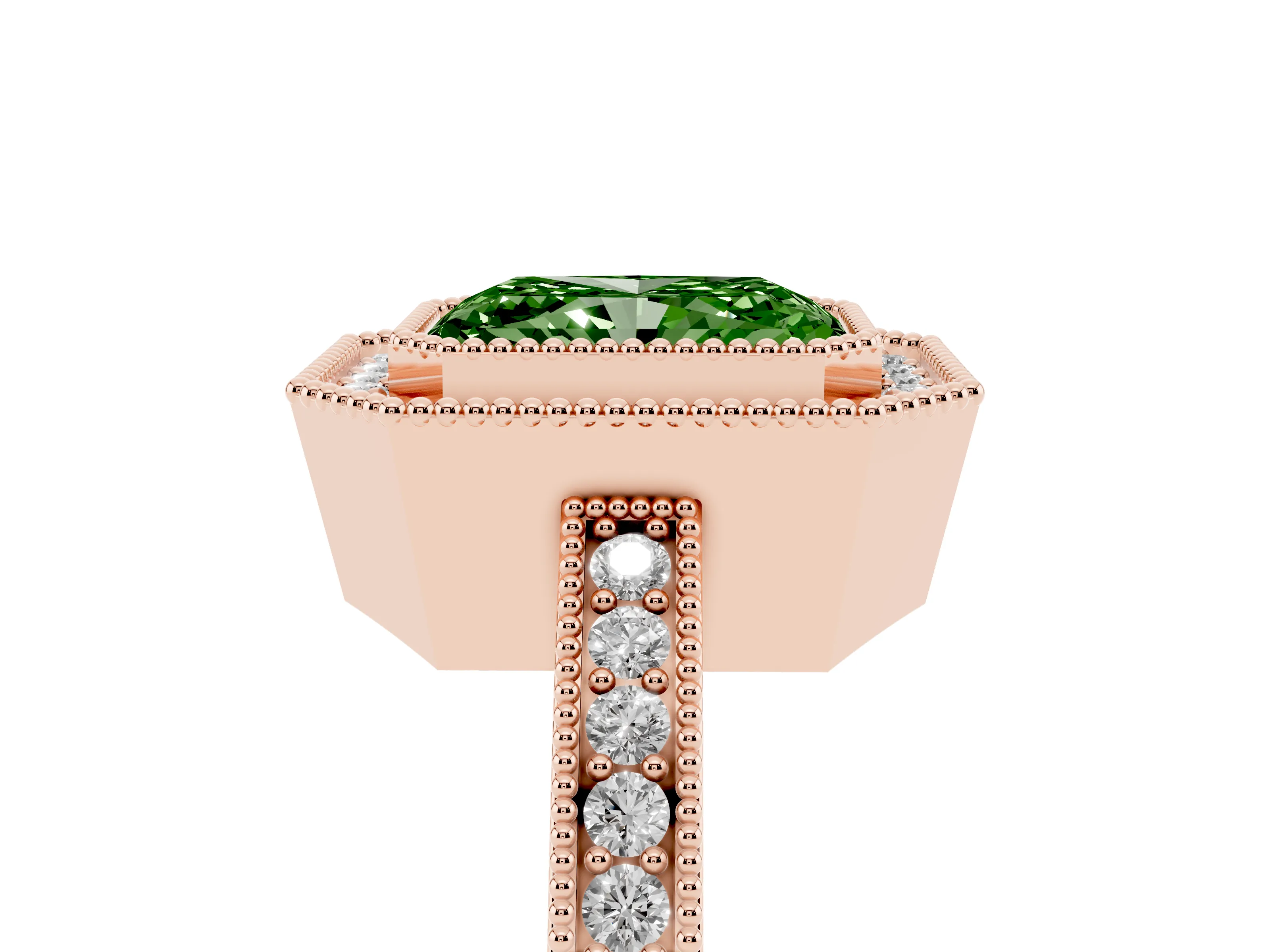 Fancy Green Radiant Cut Diamond Round Halo Ring Set in Rose gold with Pavé Band