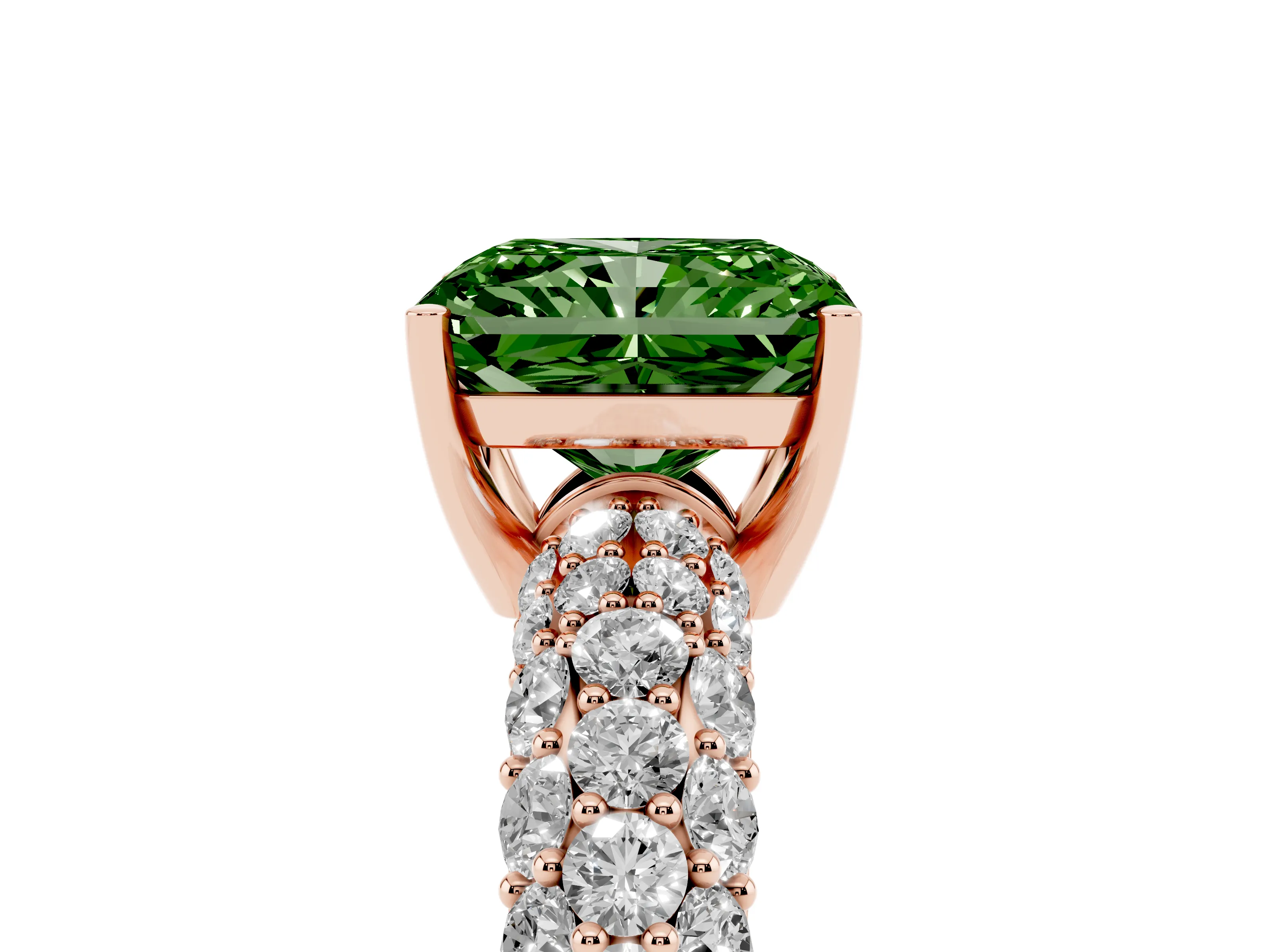 Fancy Green Radiant Cut Diamond Pavé Band Solitaire Ring Set in Rose gold with Close-Set Accent Stones and Prong Setting