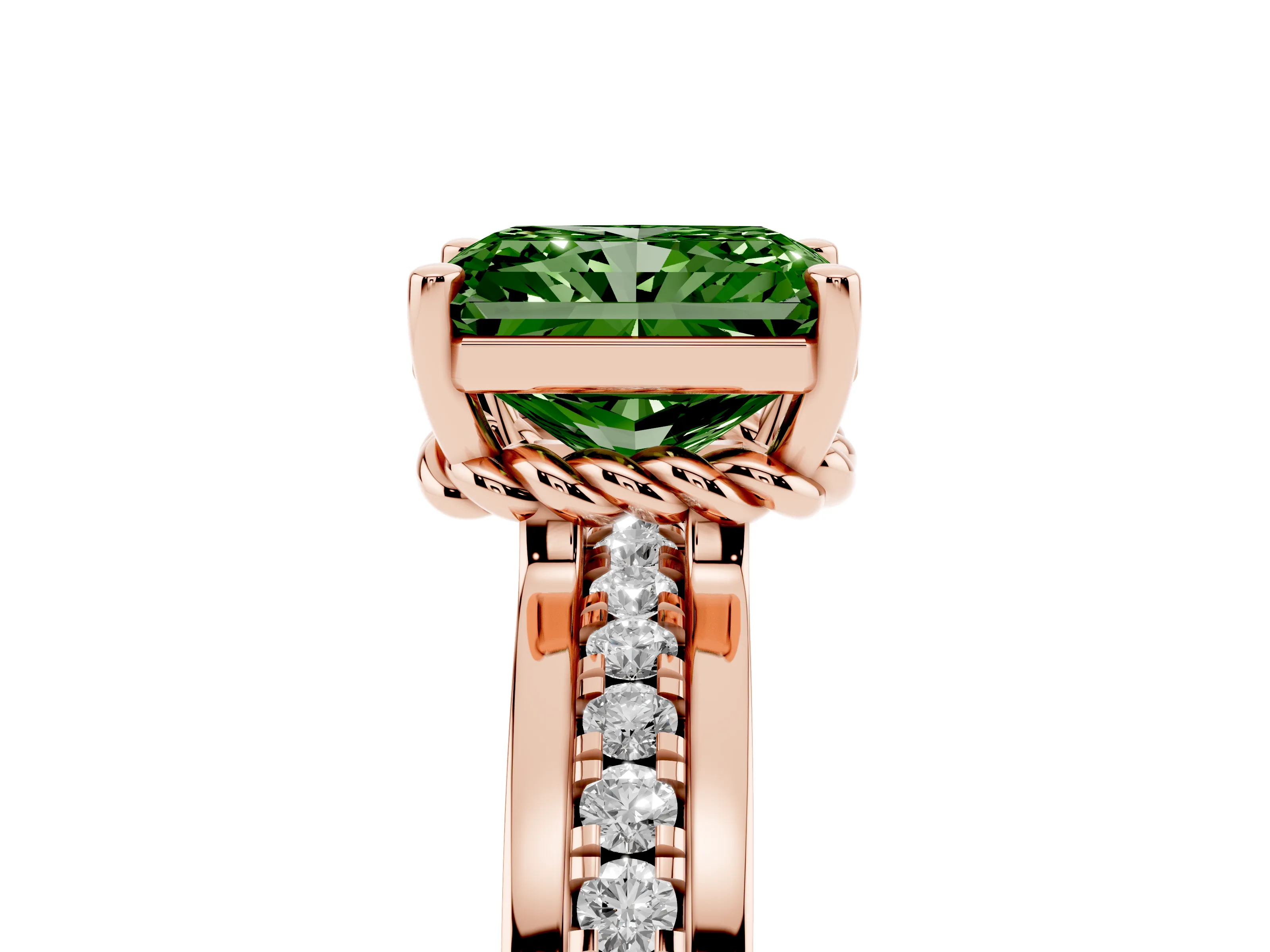 Fancy Green Radiant Cut Diamond Solitaire Ring Set in Rose gold with Channel Set Band and Prong Setting