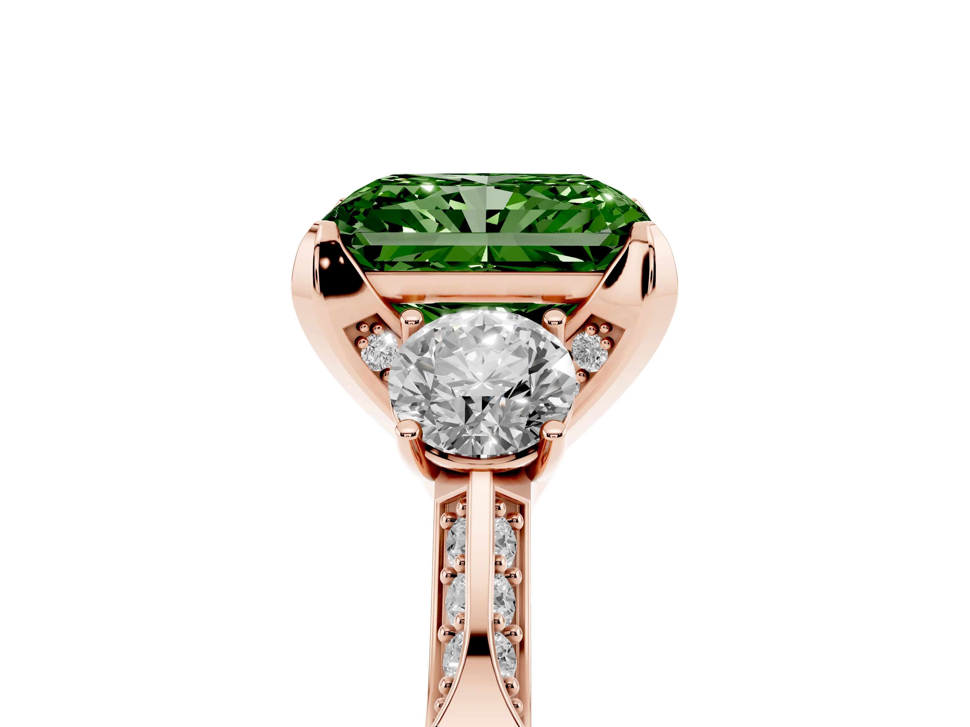 Fancy Green Radiant Cut Diamond Three-Stone Ring Set in Rose gold with Pavé Band and Smaller Side Stones
