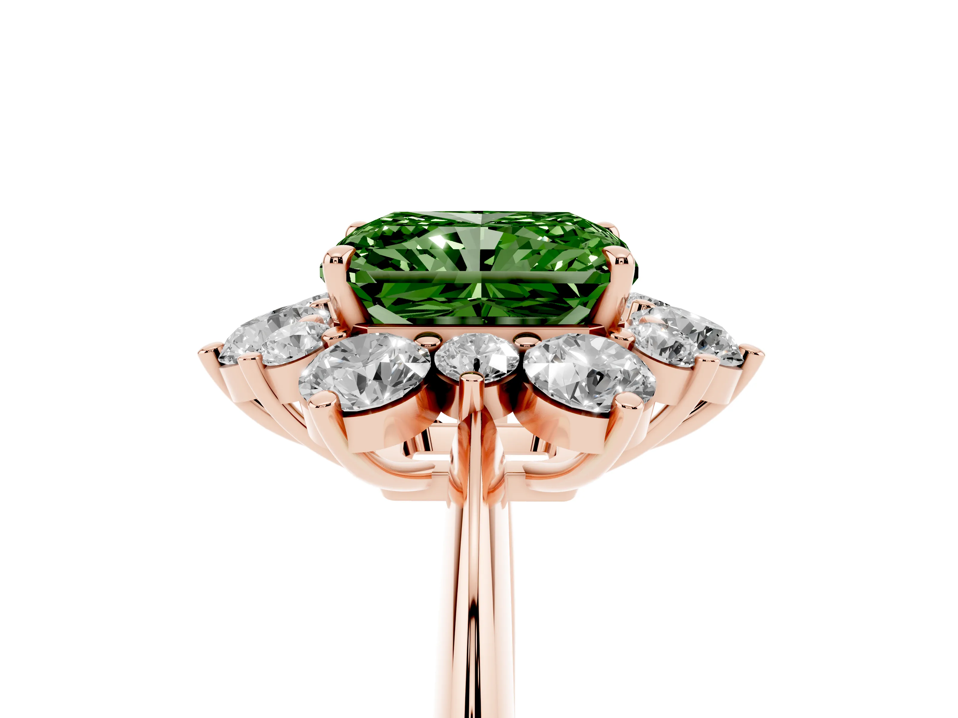 Fancy Green Radiant Cut Diamond Cluster Halo Ring Set in Rose gold with Solitaire Band and Prong Setting