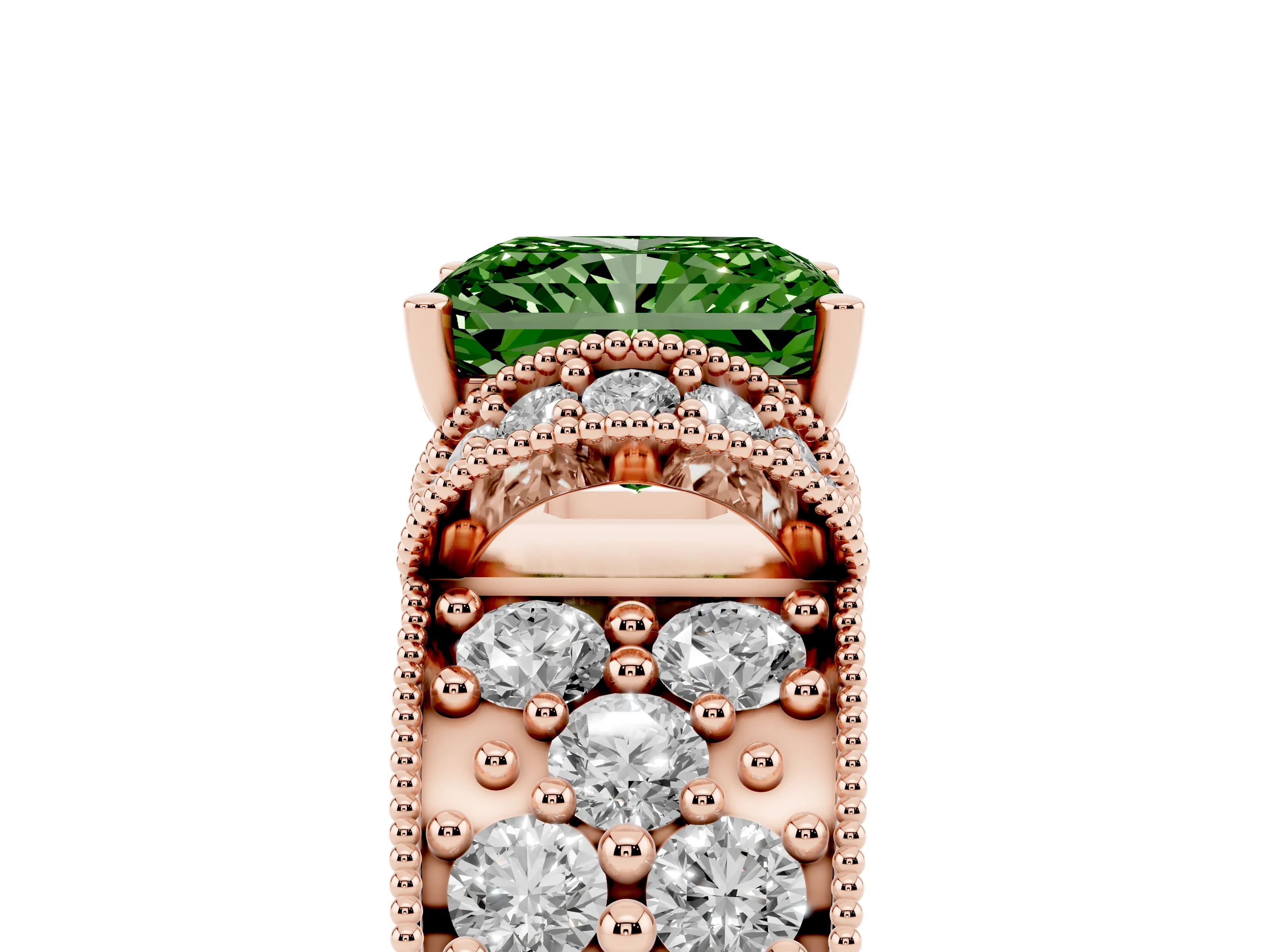 Fancy Green Radiant Cut Diamond Milgrain Halo Pavé Engagement Ring Set in Rose gold with Prong Setting