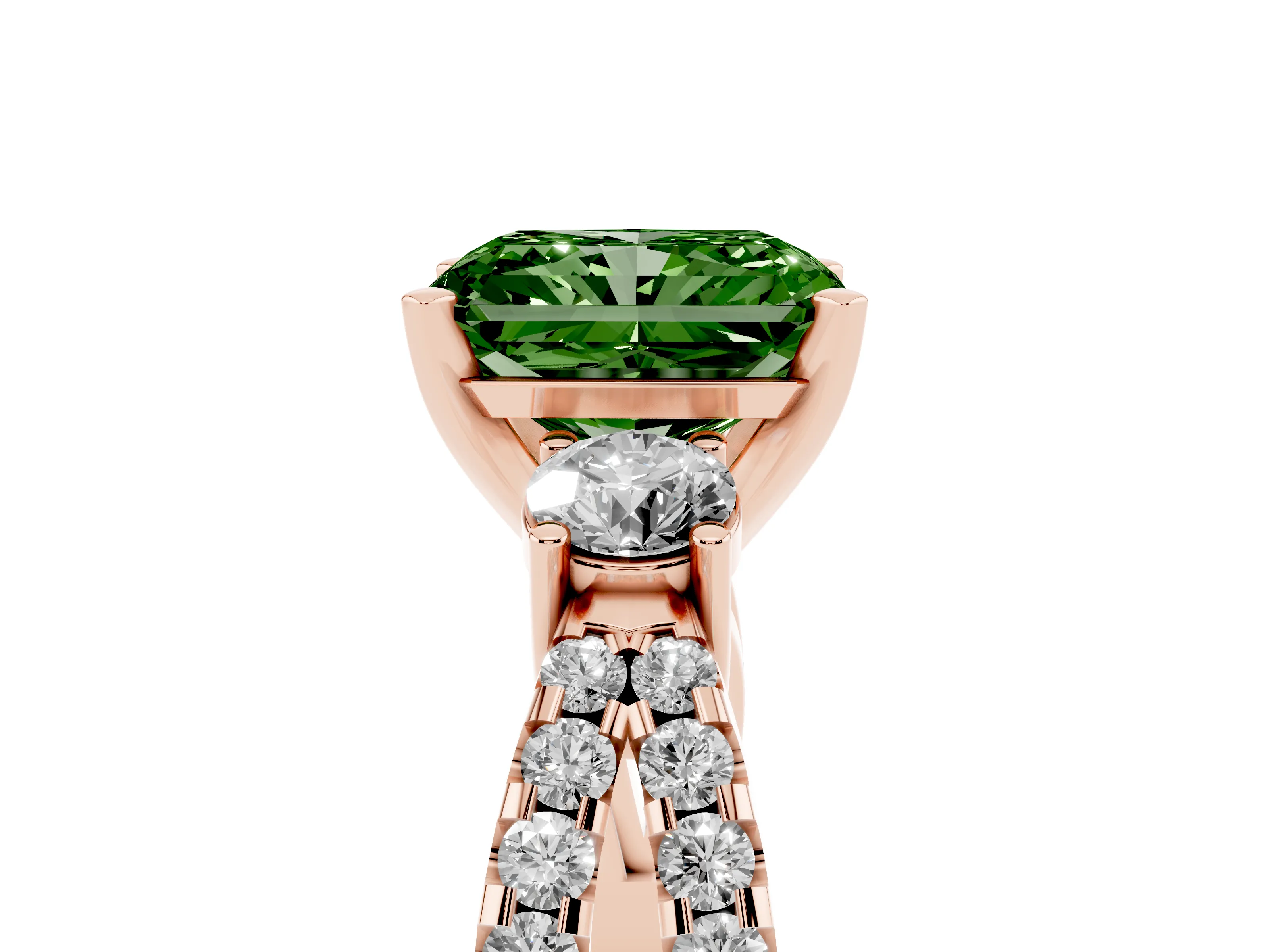Fancy Green Radiant Cut Diamond Three-Stone Ring Set in Rose gold with Pavé Split Shank and Prong Setting