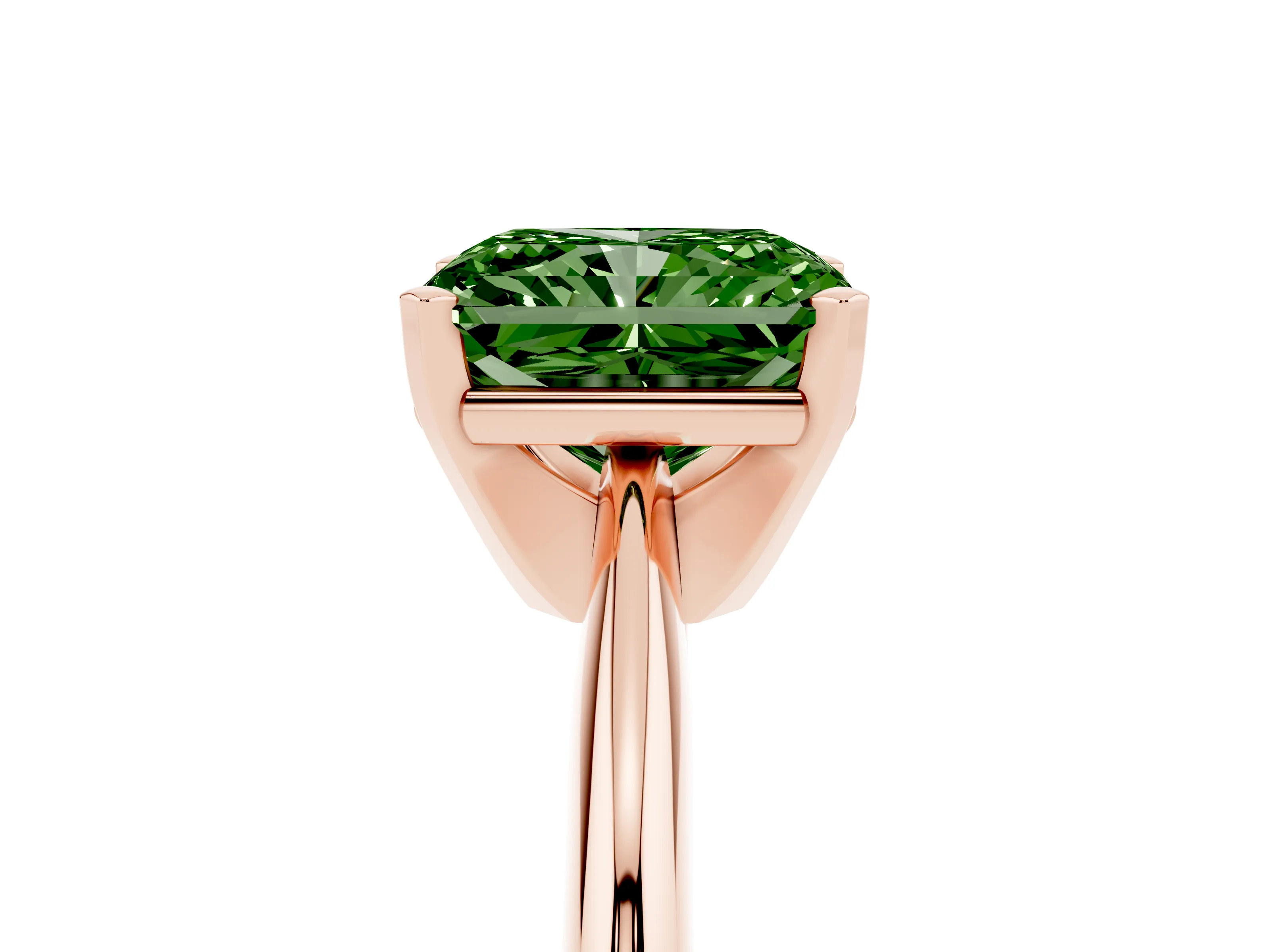 Fancy Green Radiant Cut Diamond Solitaire Ring Set in Rose gold with Prong Setting on a Plain Round Band