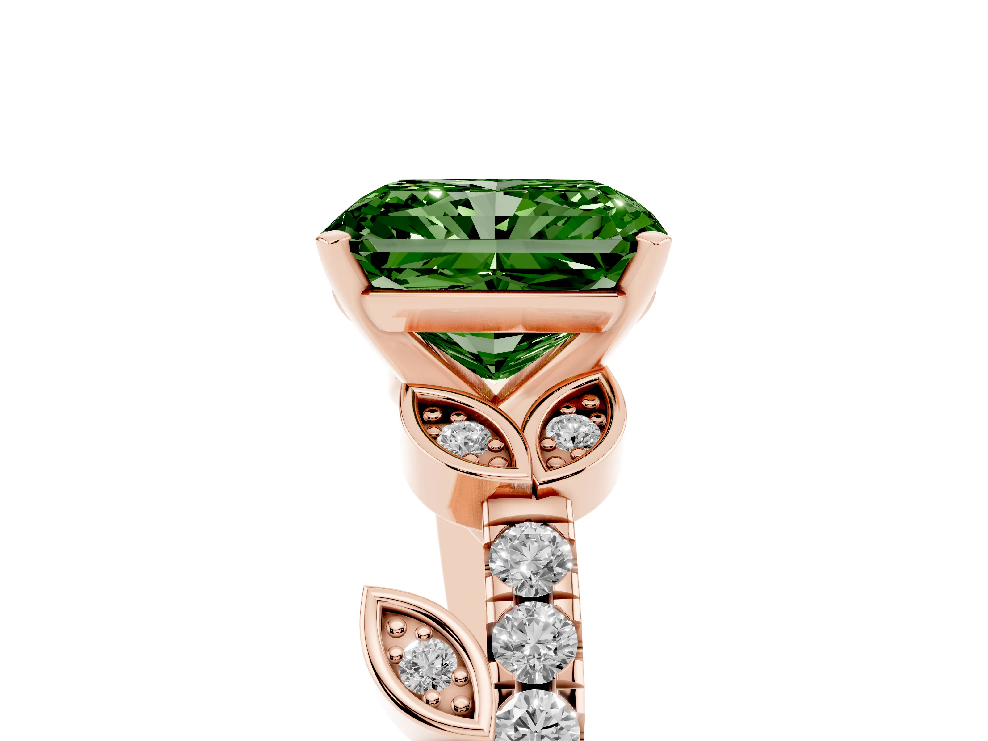 Fancy Green Radiant Cut Diamond Solitaire Leaf-Inspired Ring Set in Rose gold with Pavé Band and Prong Setting