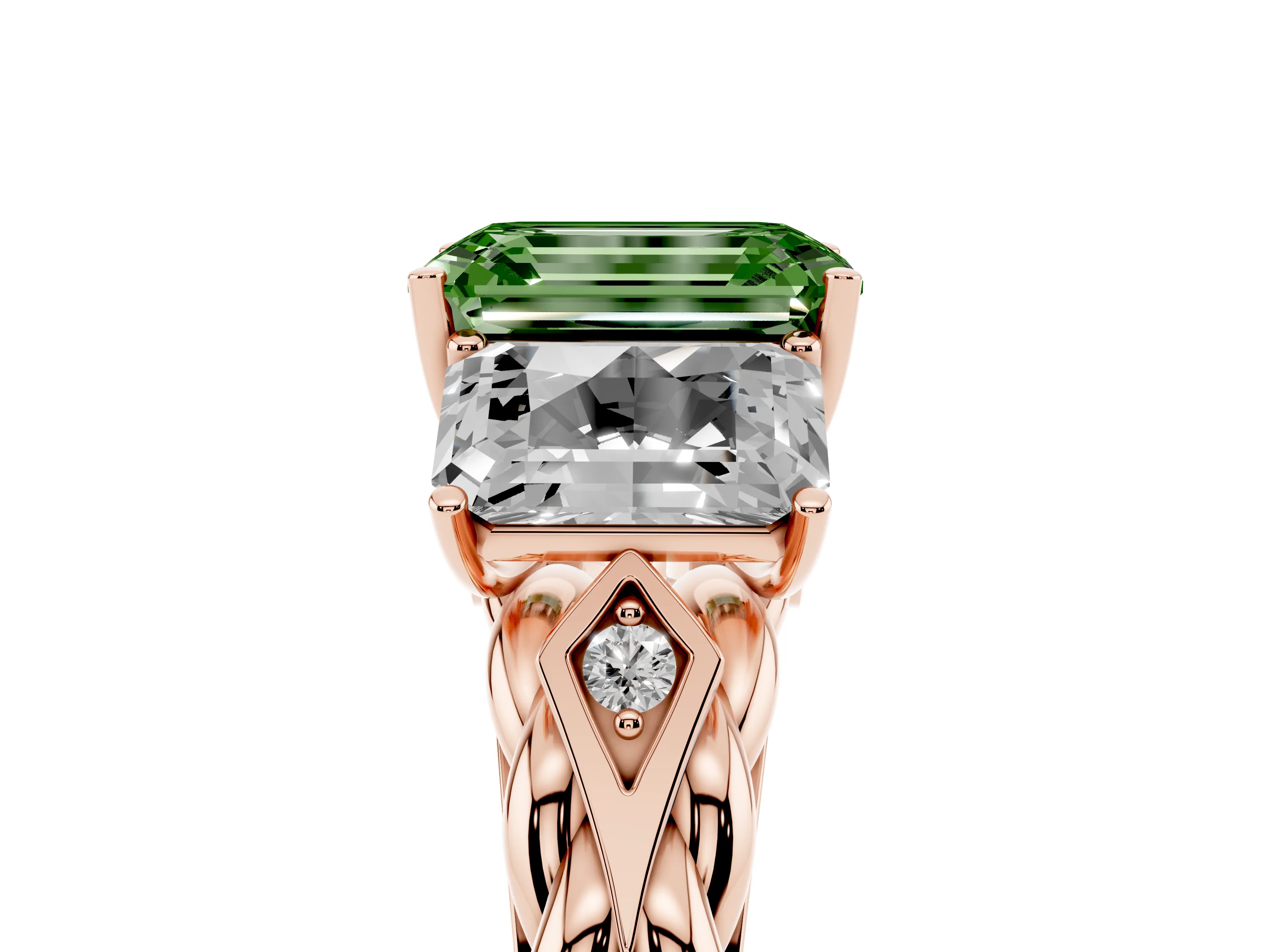 Fancy Green Radiant Cut Diamond Three-Stone Ring Set in Rose gold with Braided Band