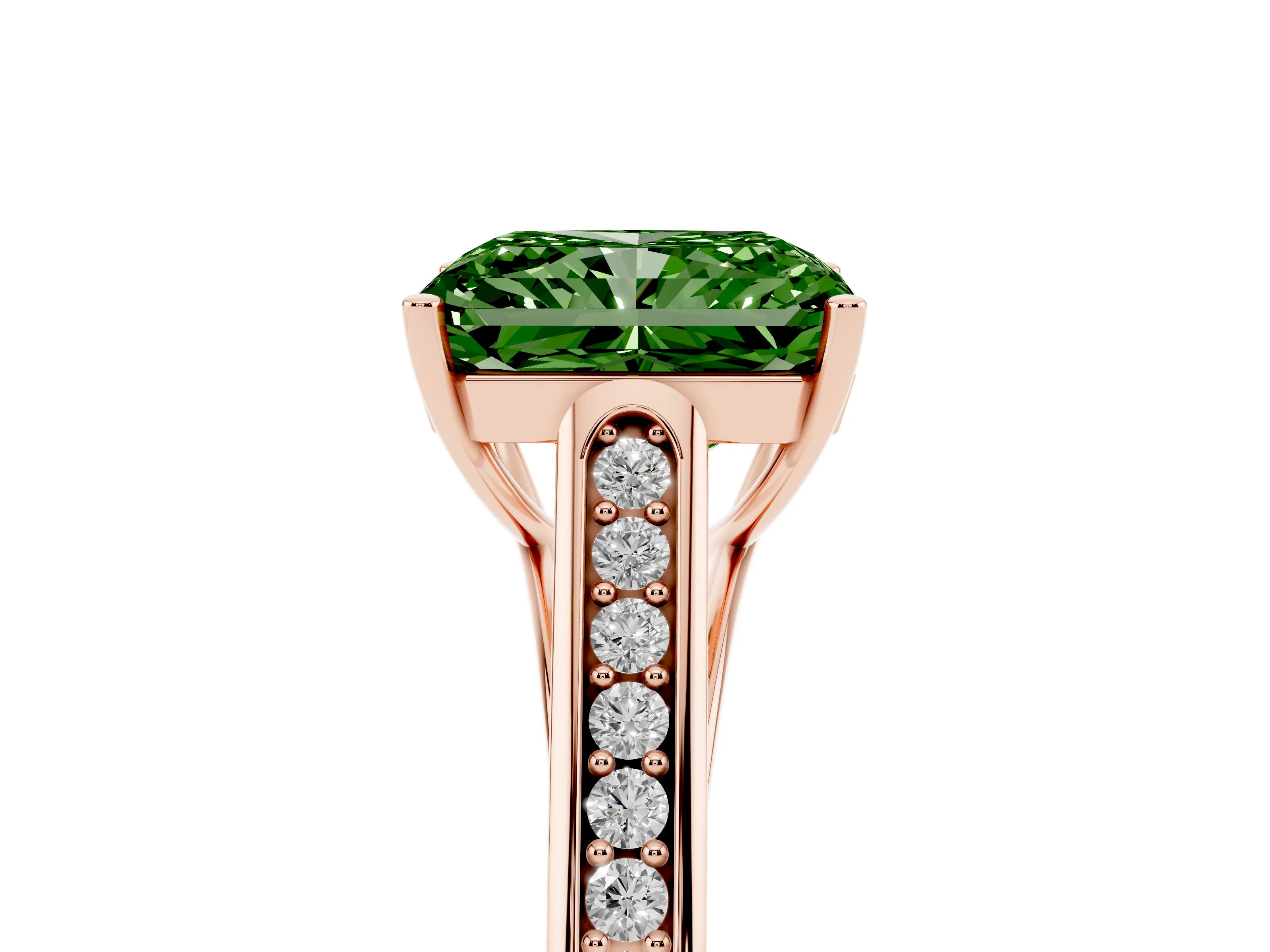 Fancy Green Radiant Cut Diamond Solitaire Cathedral Engagement Ring Set in Rose gold with Channel-Set Band and Prong Setting