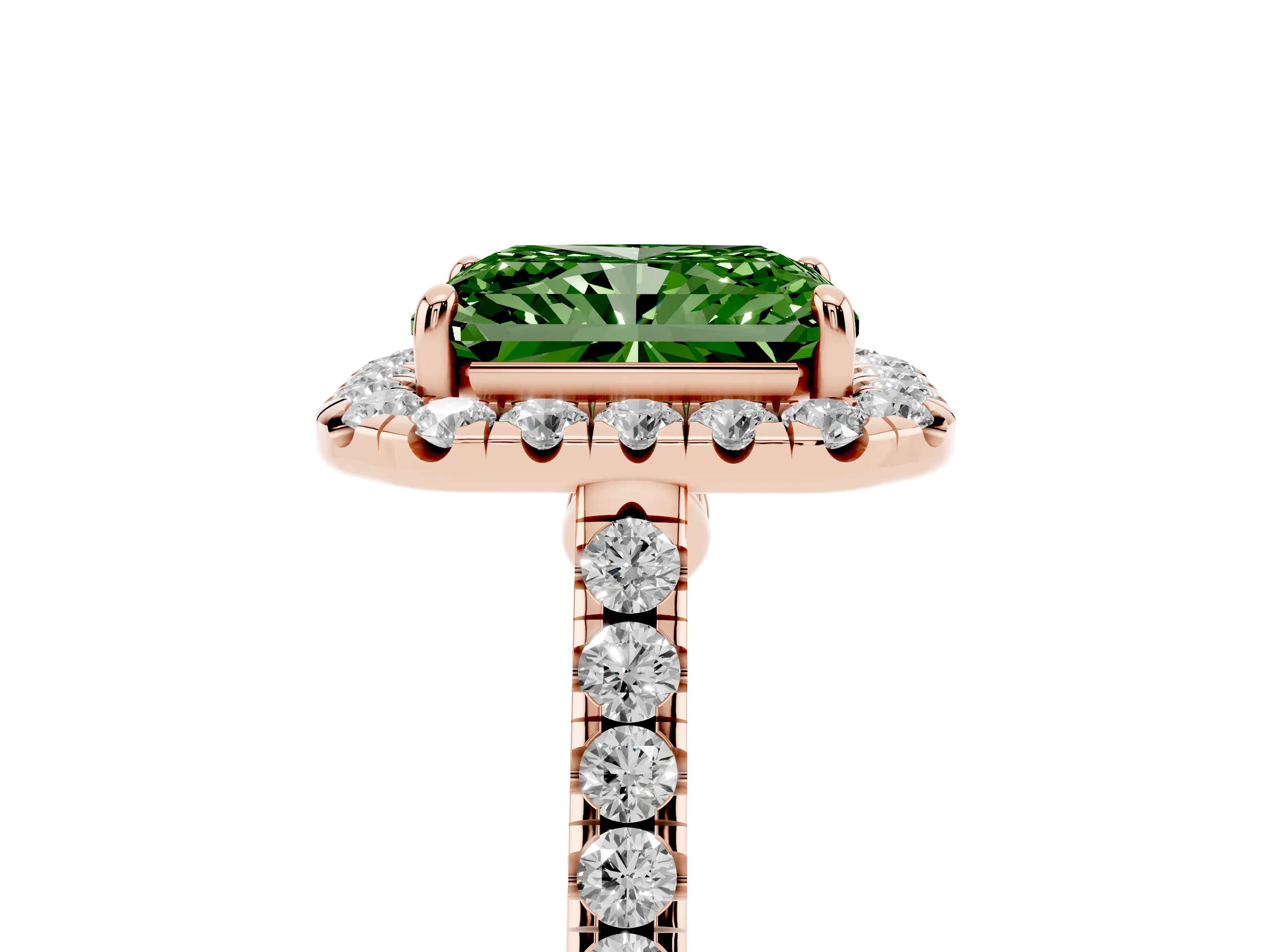 Fancy Green Radiant Cut Diamond Halo Pavé Engagement Ring Set in Rose gold with Prong Setting