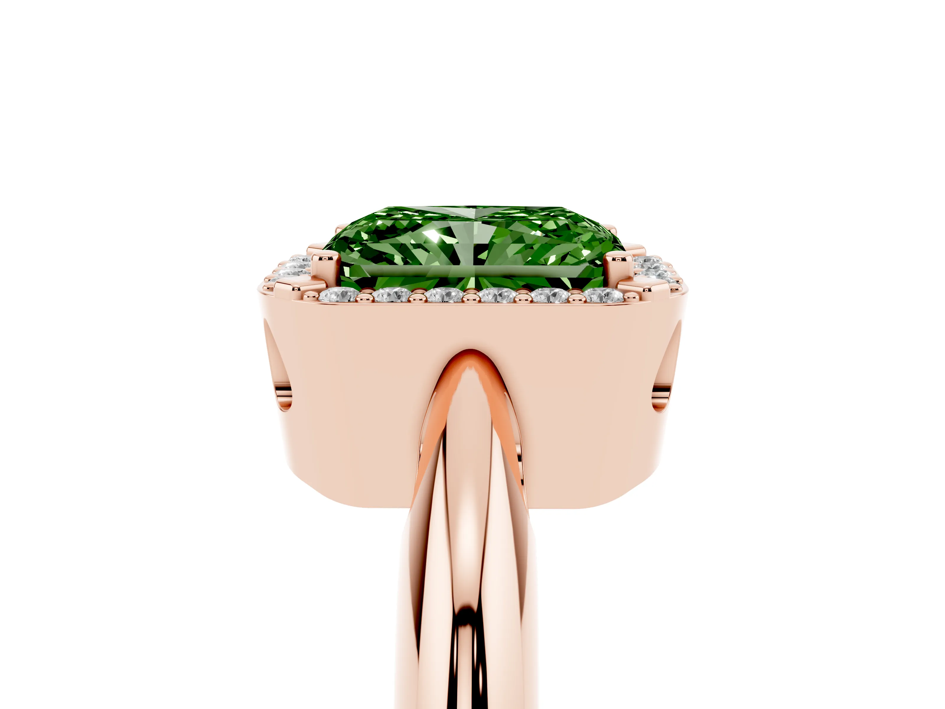 Fancy Green Radiant Cut Diamond Halo Engagement Ring Set in Rose gold with Plain Split Shank and Prong Setting