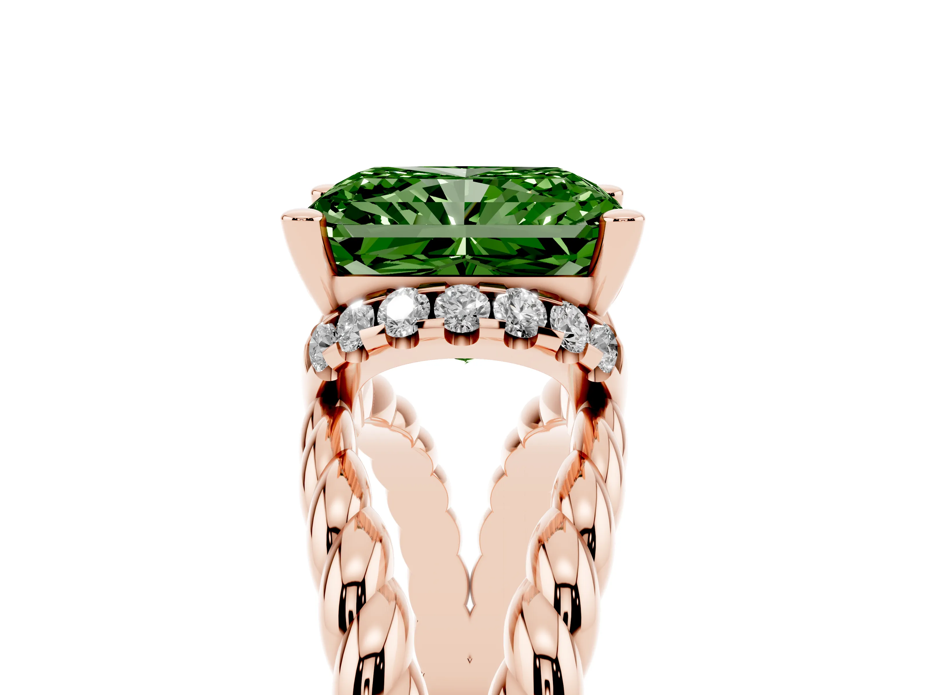 Fancy Green Radiant Cut Diamond Halo Ring Set in Rose gold with Twisted Band and Prong Setting