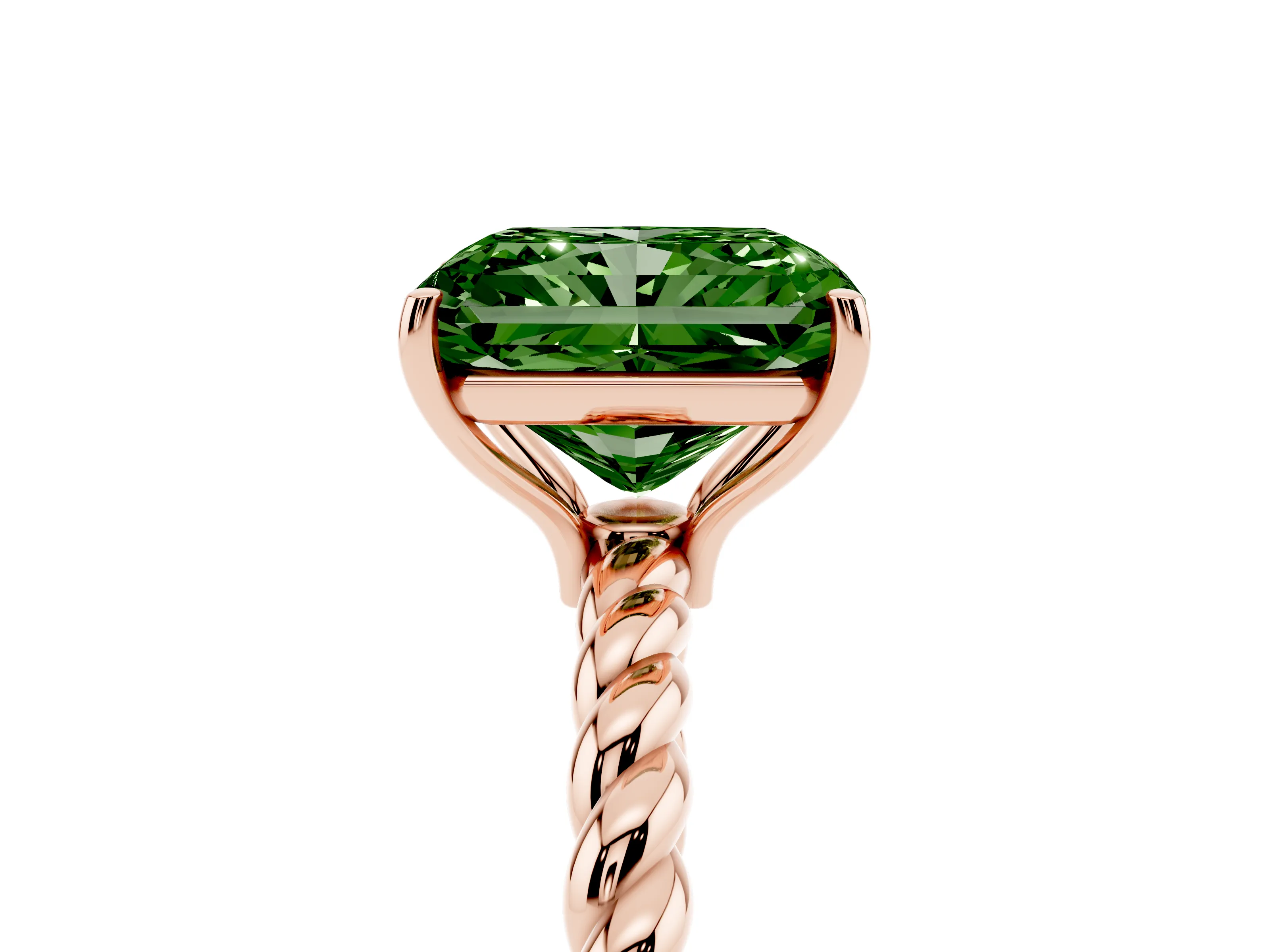Fancy Green Radiant Cut Diamond Solitaire Ring Set in Rose gold with Twist Band and Prong Setting