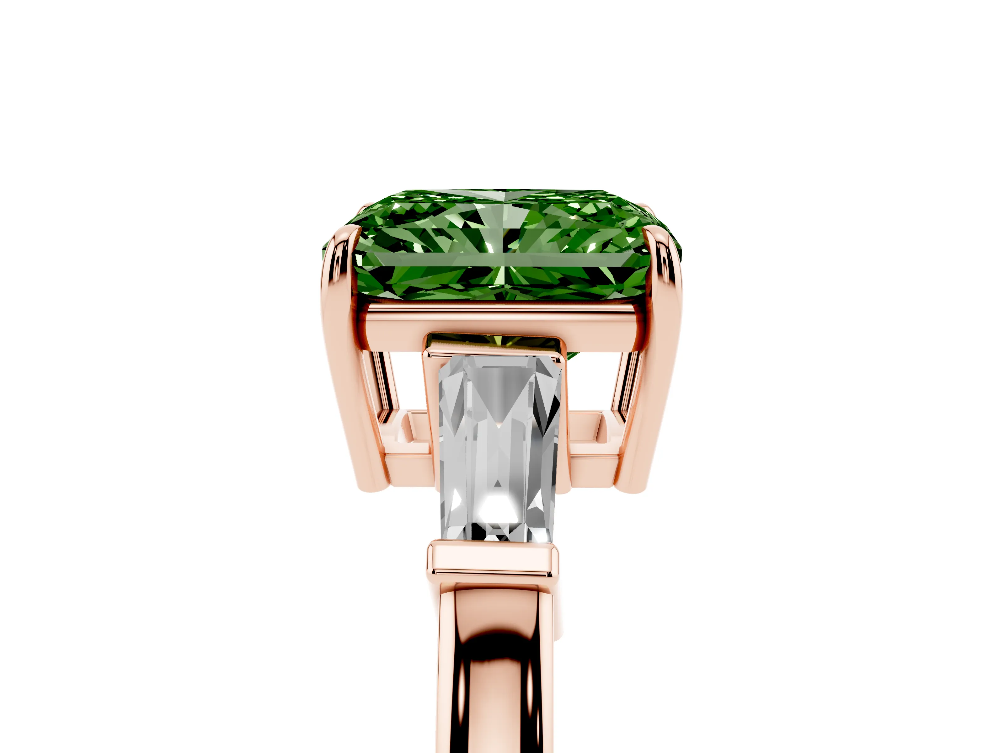 Fancy Green Radiant Cut Diamond Three-Stone Ring Set in Rose gold with Tapered Baguette Side Stones and Prong Setting