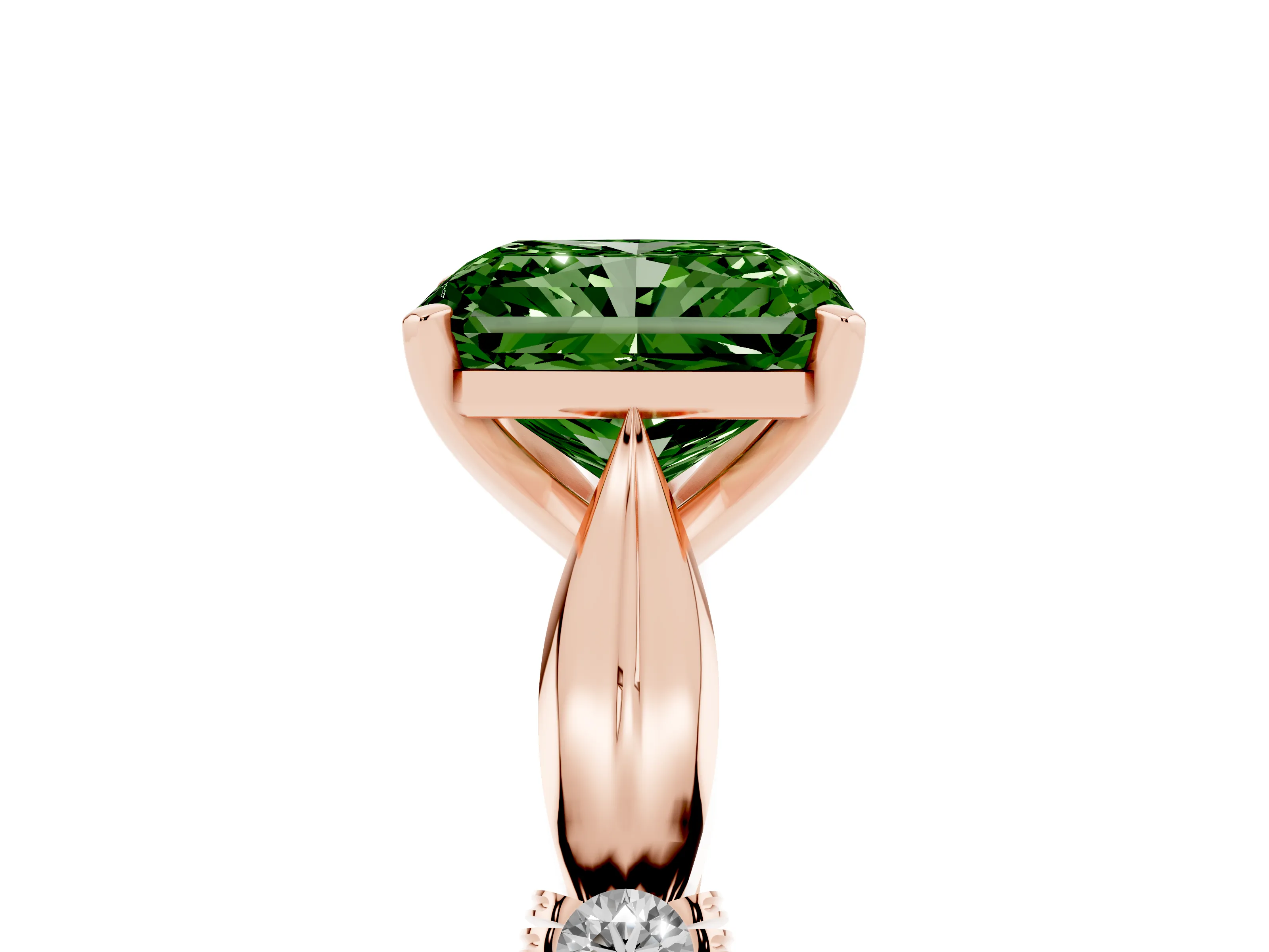 Fancy Green Radiant Cut Diamond Solitaire Twisted Band Ring Set in Rose gold with Accent Stones and Prong Setting