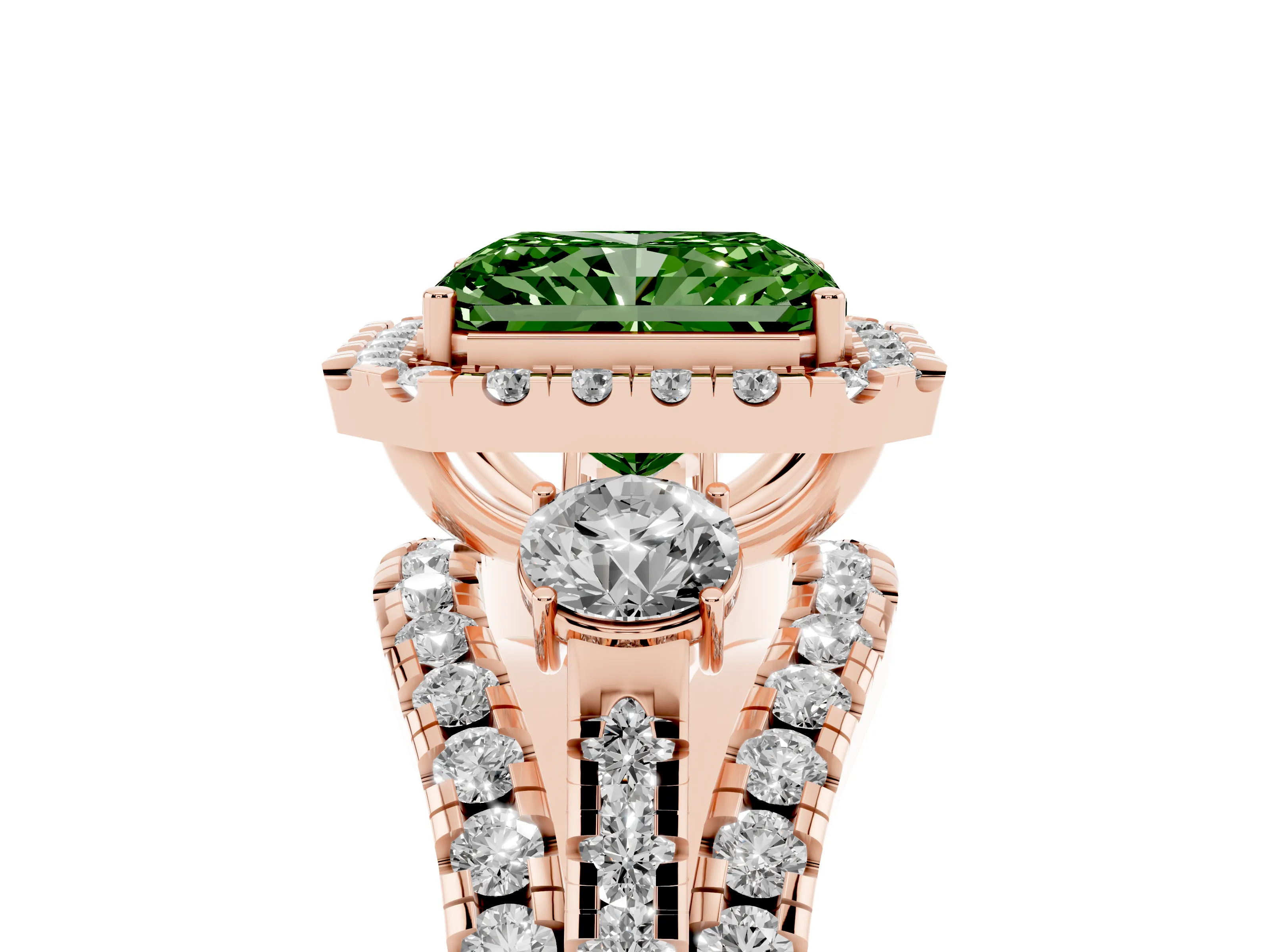 Fancy Green Radiant Cut Diamond Halo Split Shank Ring Set in Rose gold with Round Accent Stones and Prong Setting