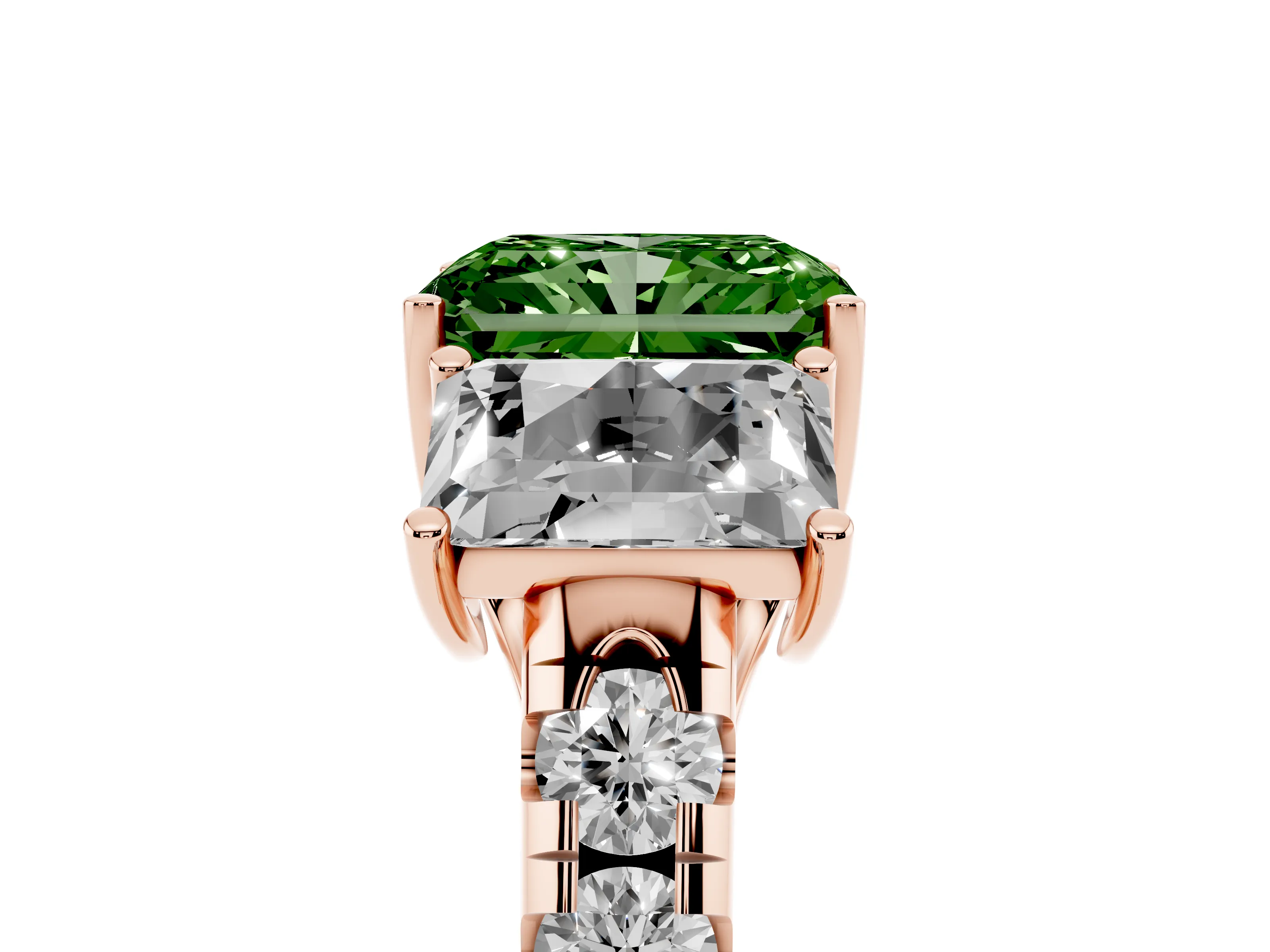 Fancy Green Radiant Cut Diamond Three-Stone Ring Set in Rose gold with Pavé Band