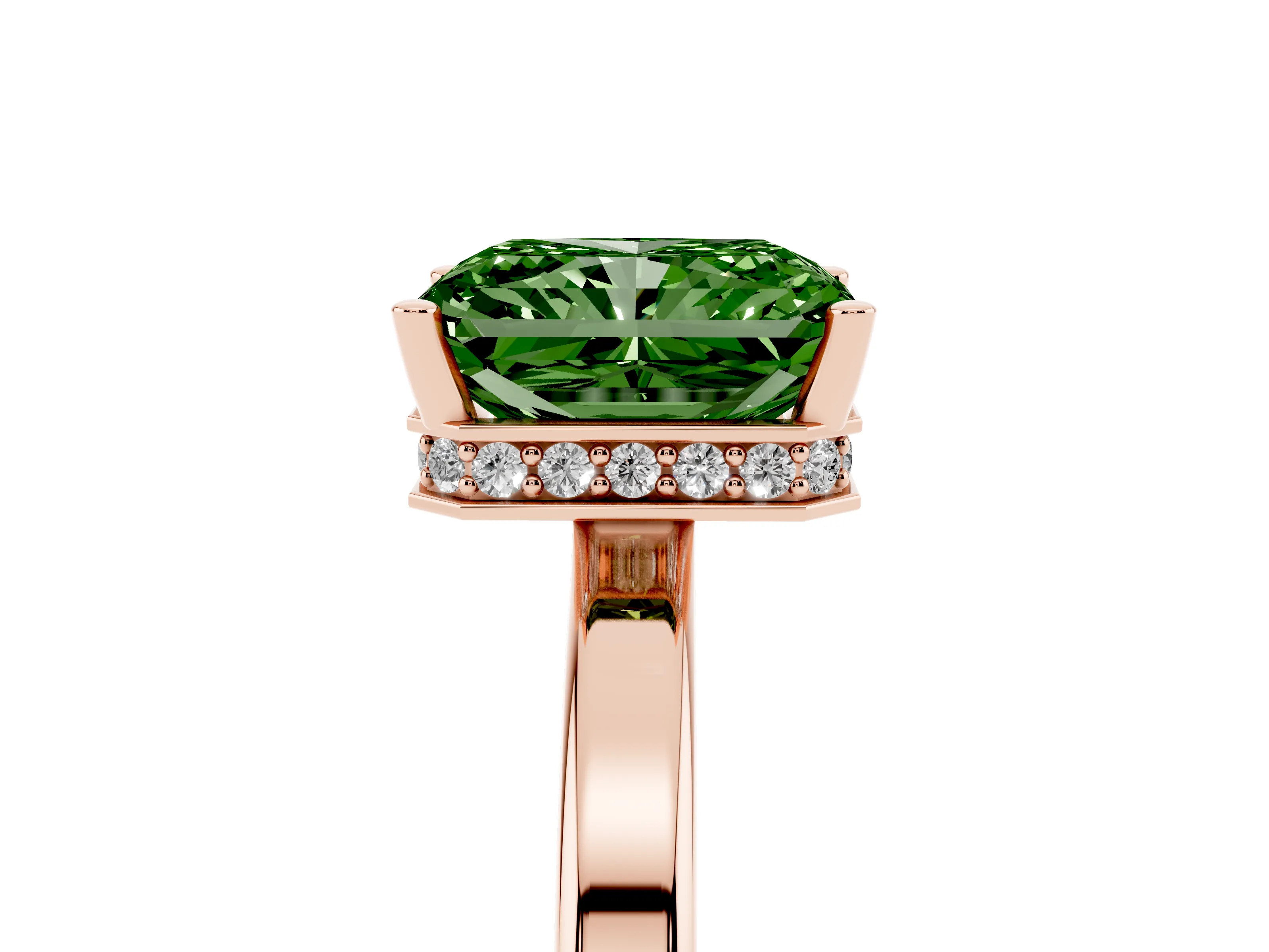Fancy Green Radiant Cut Diamond Solitaire Engagement Ring Set in Rose gold with Prong Setting on a Plain Band