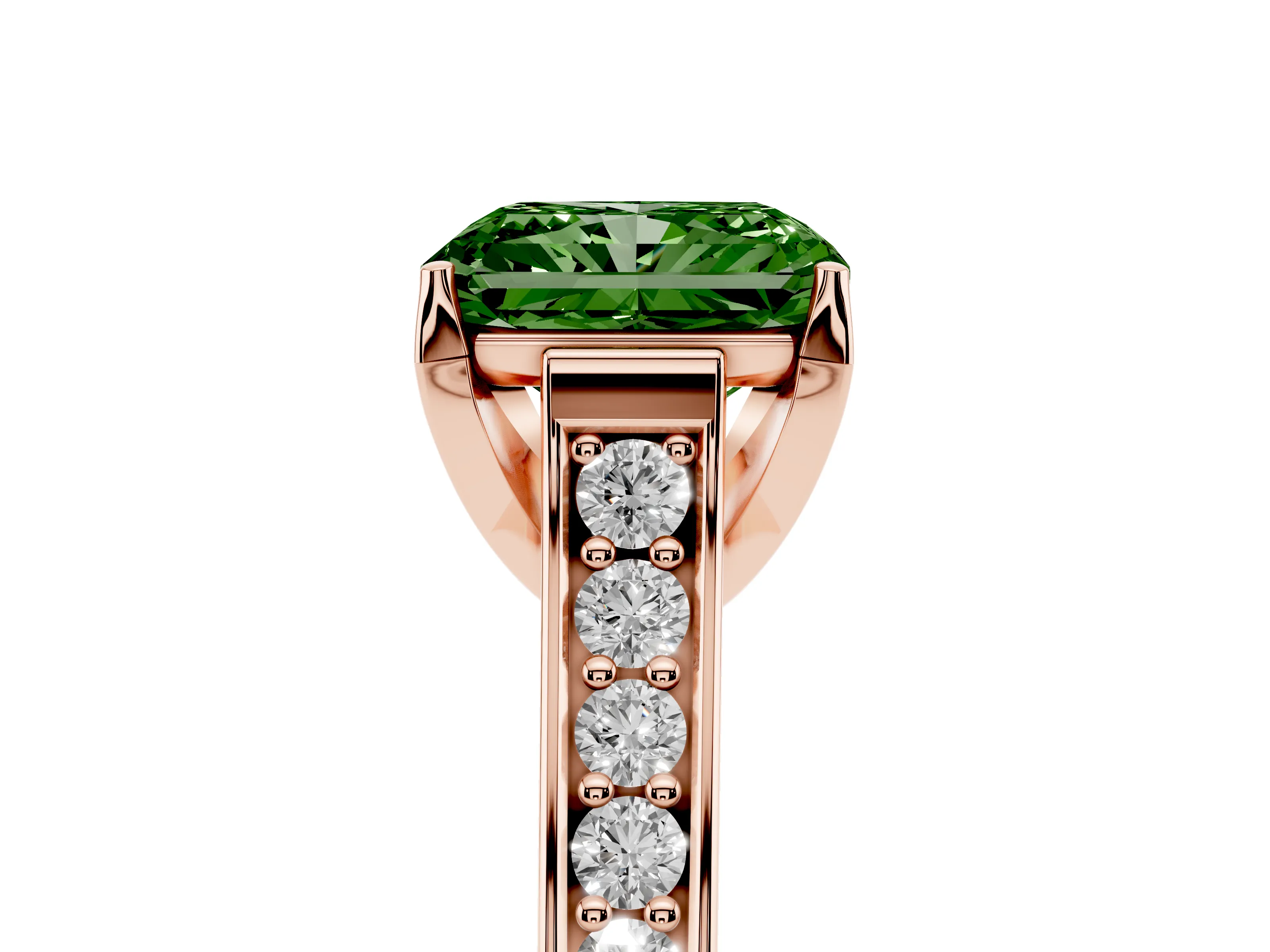 Fancy Green Radiant Cut Diamond Solitaire Pavé Engagement Ring Set in Rose gold with Prong Setting