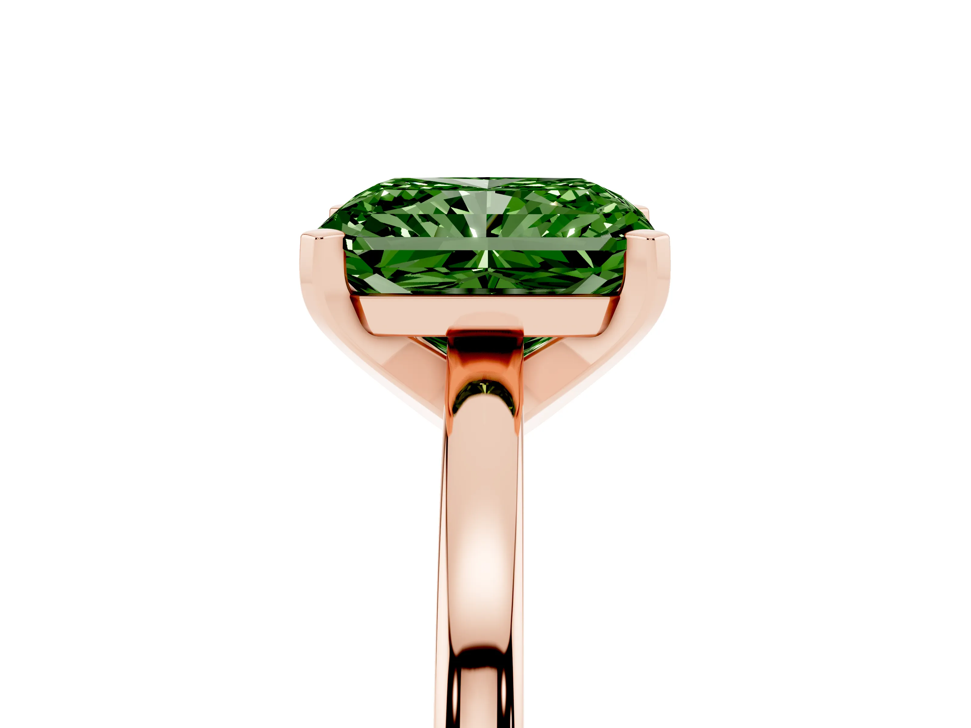 Fancy Green Radiant Cut Diamond Solitaire Engagement Ring Set in Rose gold with Prong Setting on a Classic Band