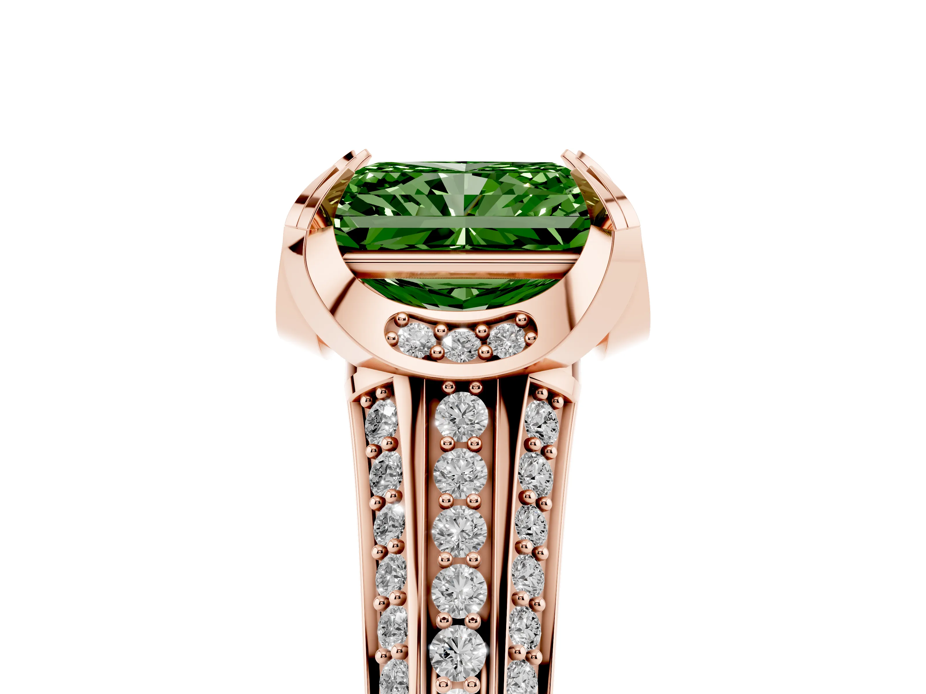 Fancy Green Radiant Cut Diamond Pavé Split Shank Solitaire Ring Set in Rose gold with Prong Setting