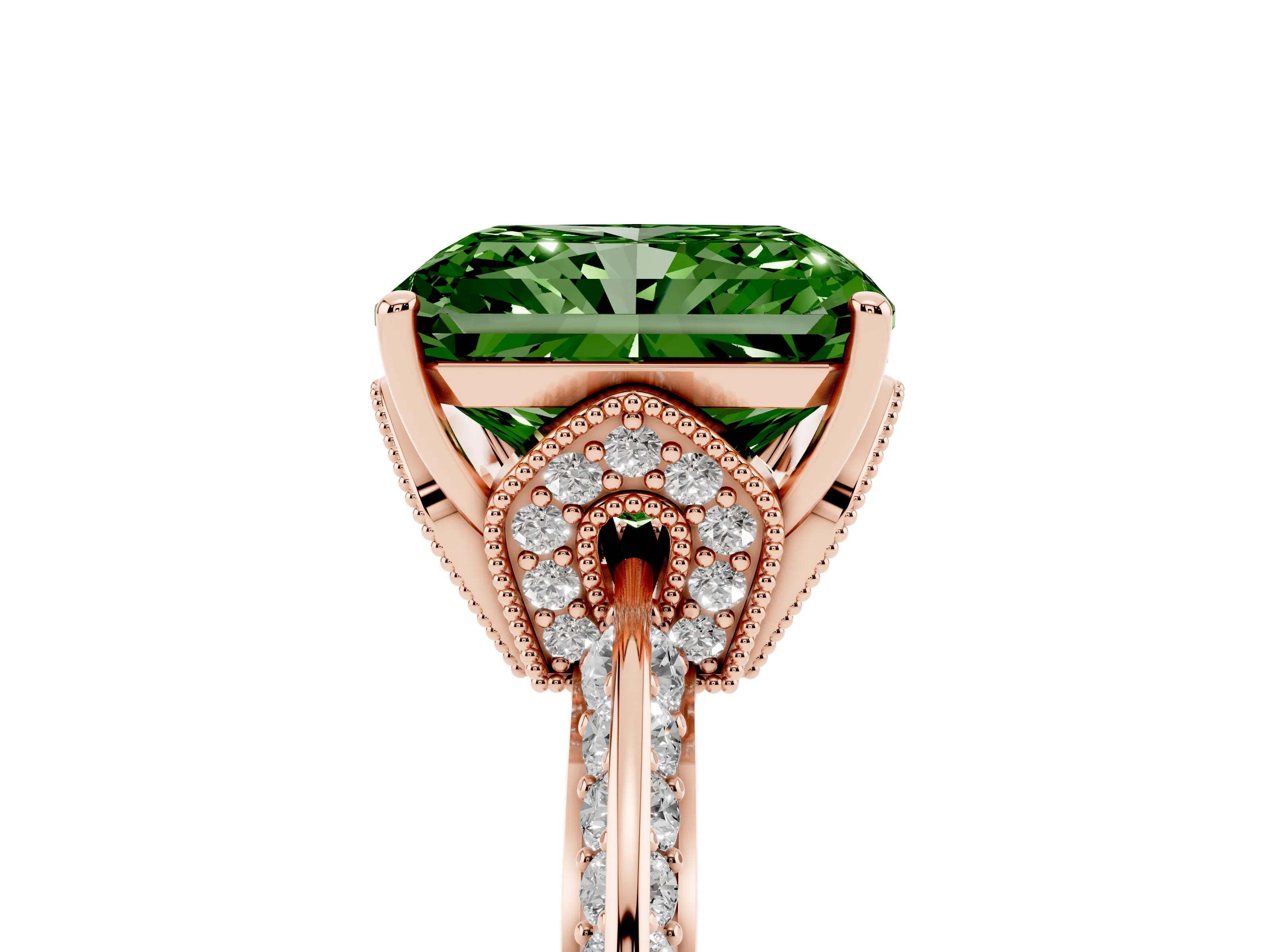 Fancy Green Radiant Cut Diamond Solitaire Engagement Ring Set in Rose gold with Pavé Split Shank and Prong Setting