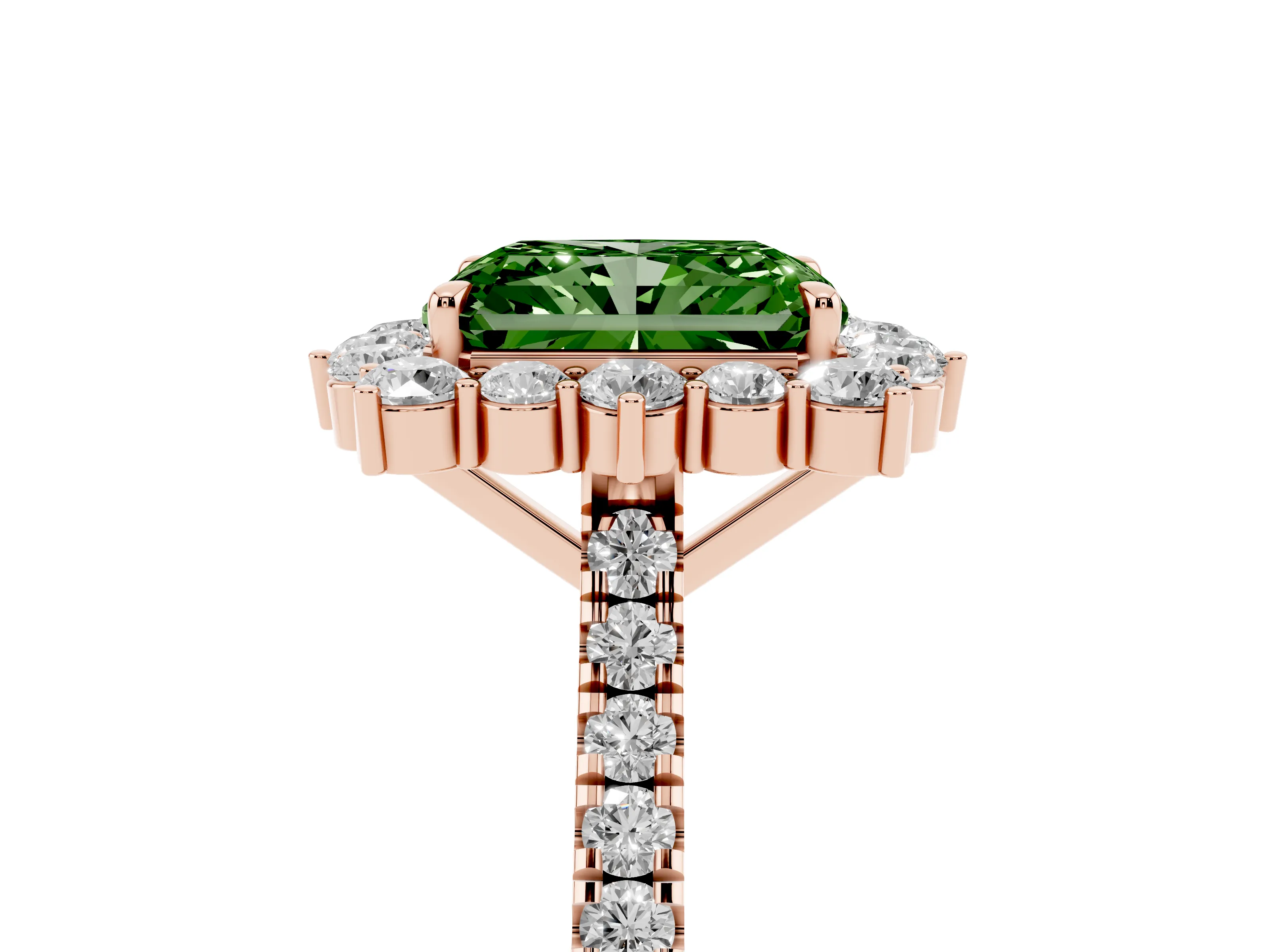 Fancy Green Radiant Cut Diamond Halo Ring Set in Rose gold with Pavé Band and Prong Setting