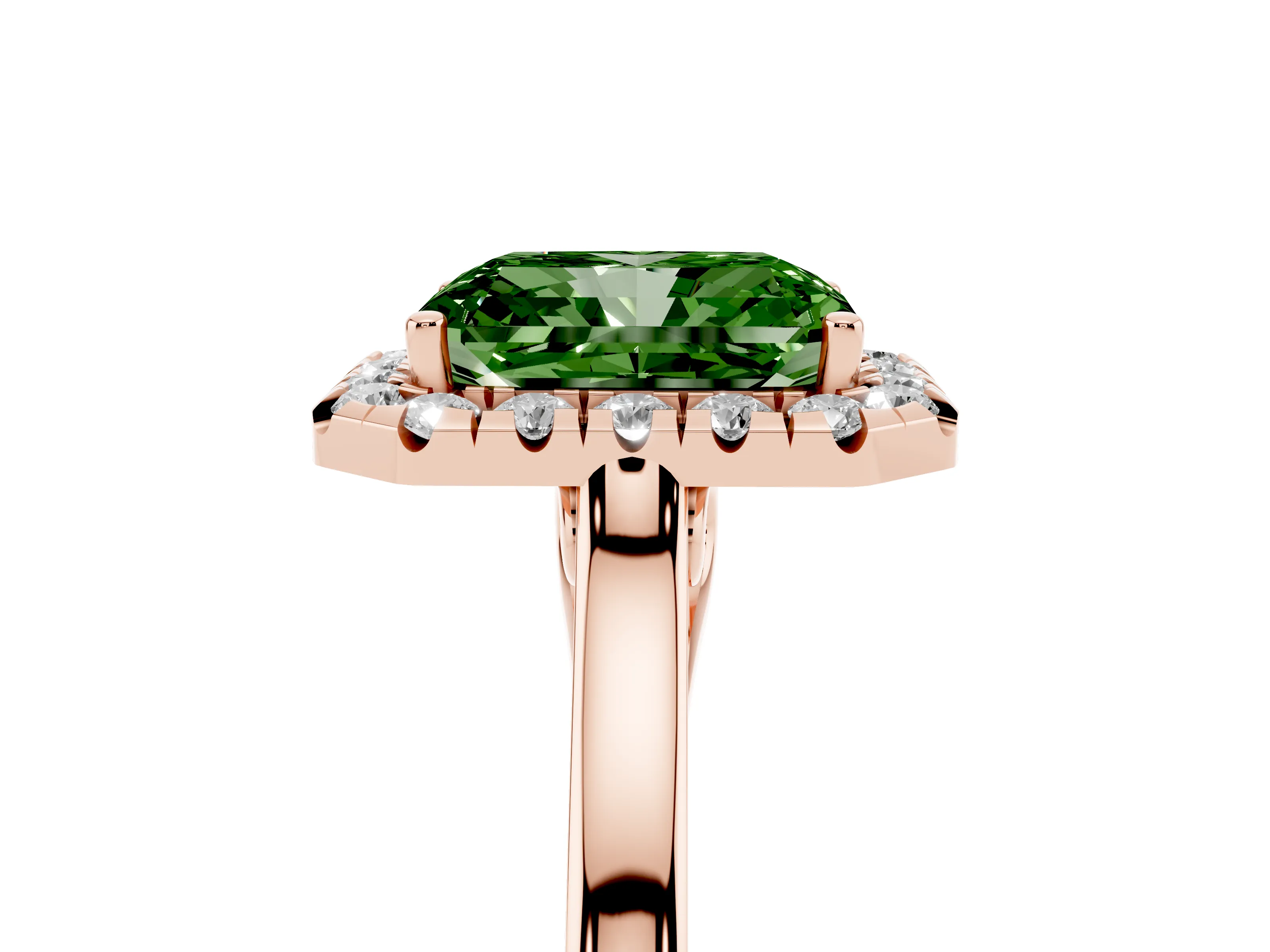 Fancy Green Radiant Cut Halo Round Diamond Solitaire Ring Set in Rose gold with Pavé Band and Prong Setting