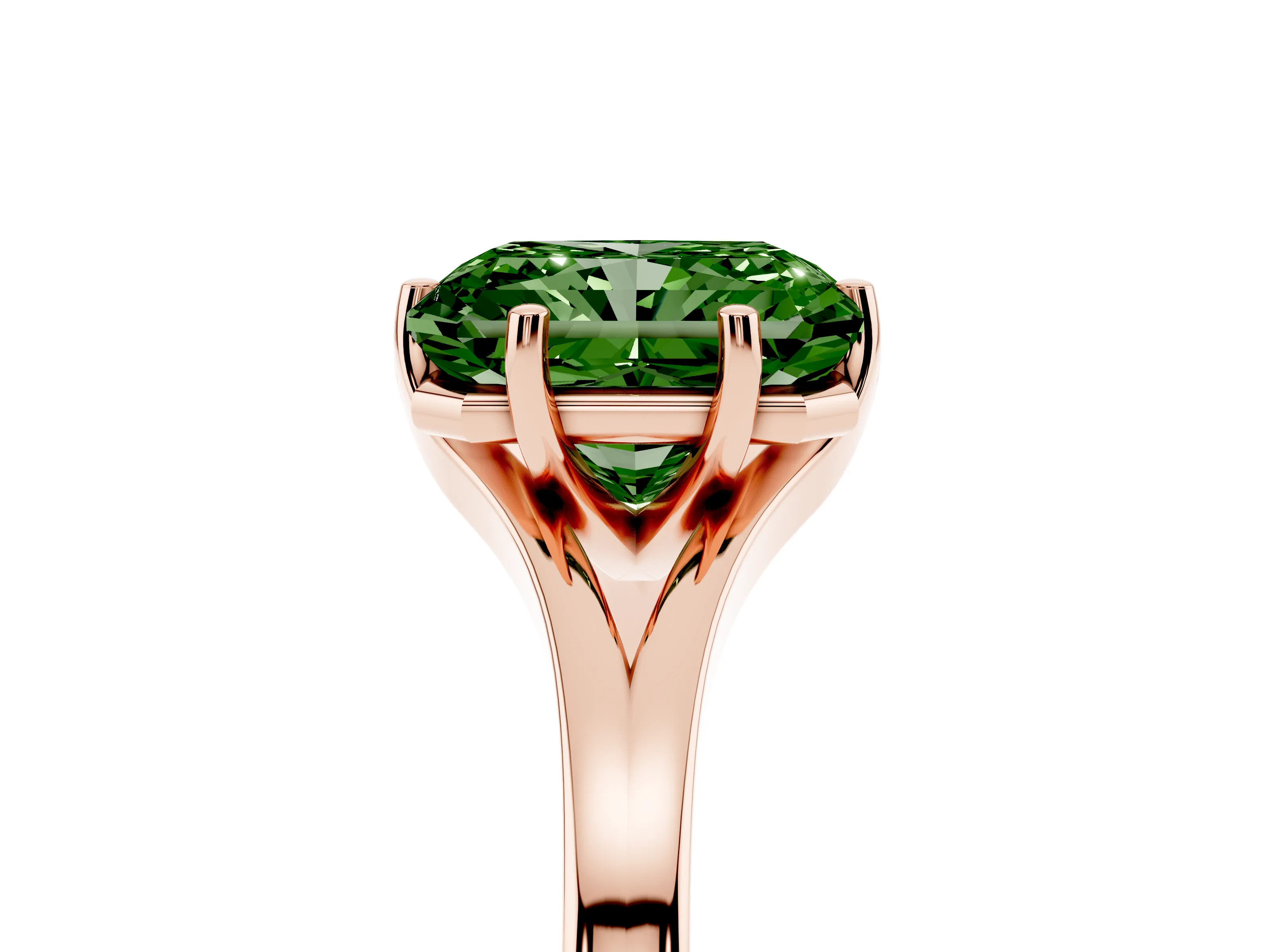 Fancy Green Radiant Cut Diamond Solitaire Ring Set in Rose gold with Polished Tapered Band and Prong Setting