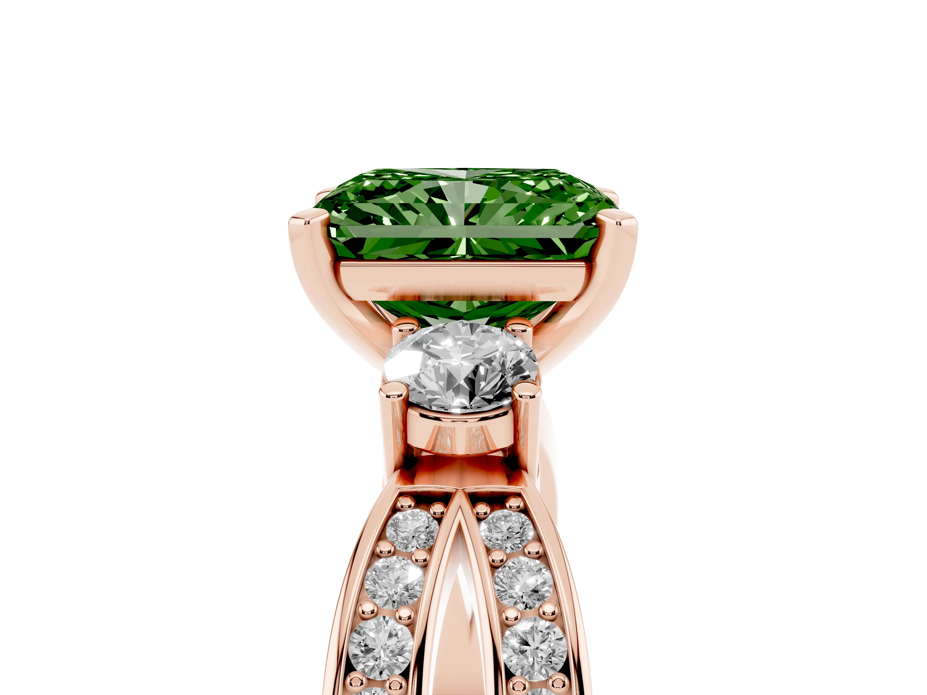 Fancy Green Three-Stone Radiant Cut Diamond Twist Band Ring Set in Rose gold with Pavé Accents and Prong Setting