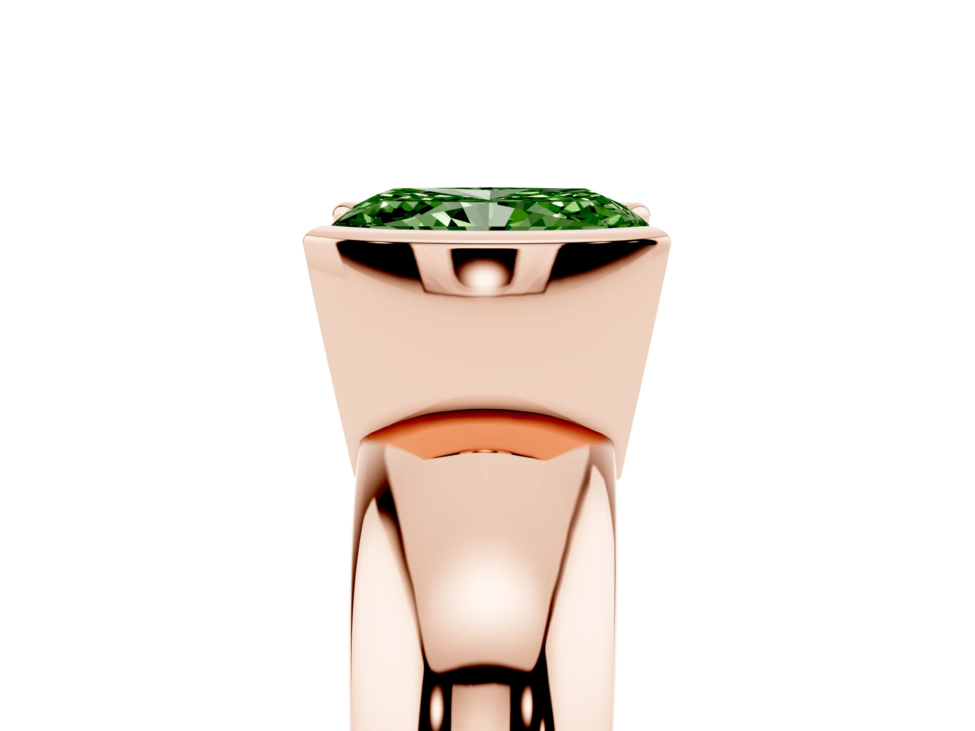 Fancy Green Radiant Cut Diamond Solitaire Tension Set Ring Set in Rose gold with Wide Band