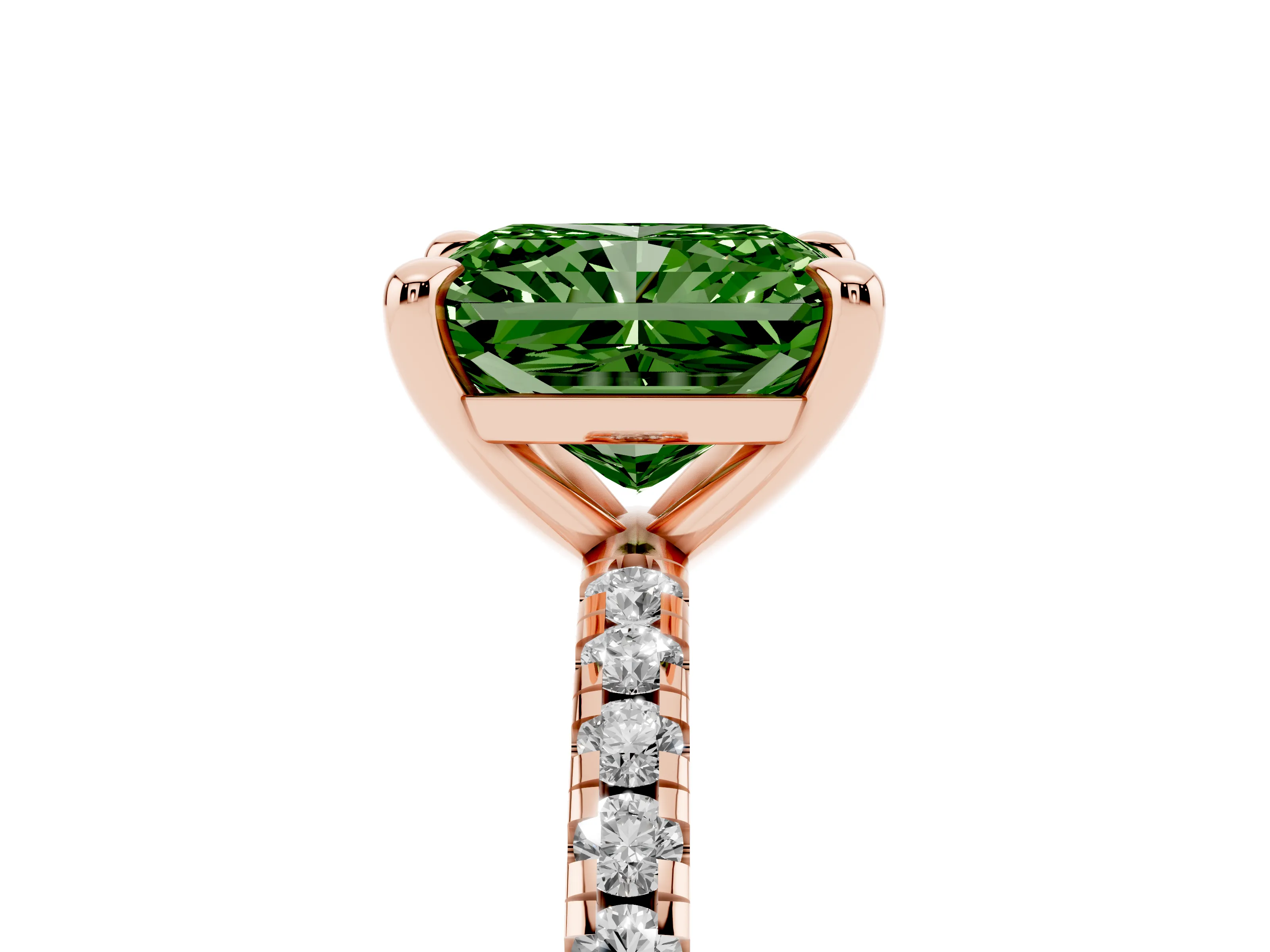 Fancy Green Radiant Cut Diamond Brilliant Solitaire Ring Set in Rose gold with Pavé Band and Prong Setting