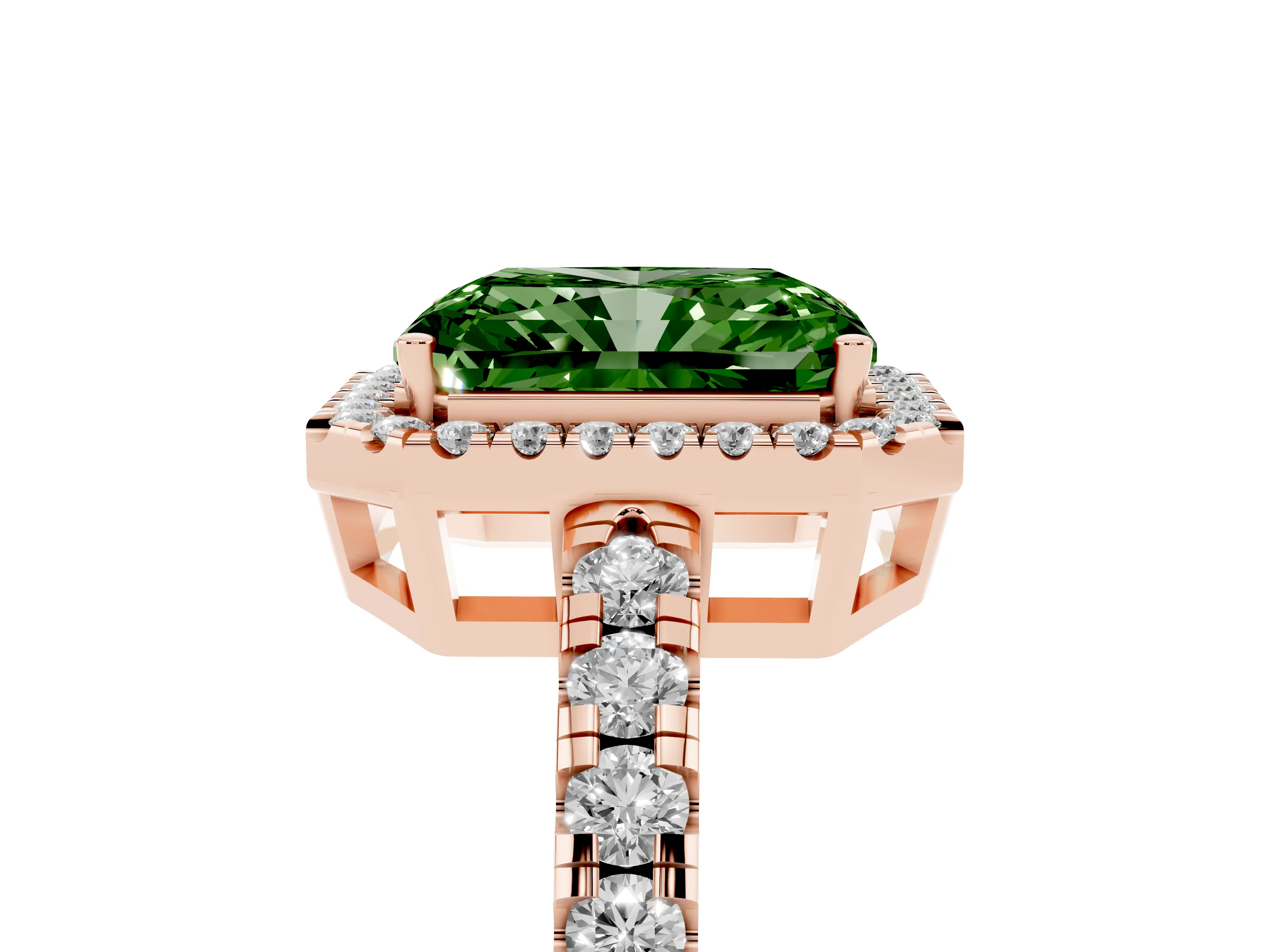 Fancy Green Radiant Cut Diamond Halo Ring Set in Rose gold with Delicate Pavé Band and Prong Setting