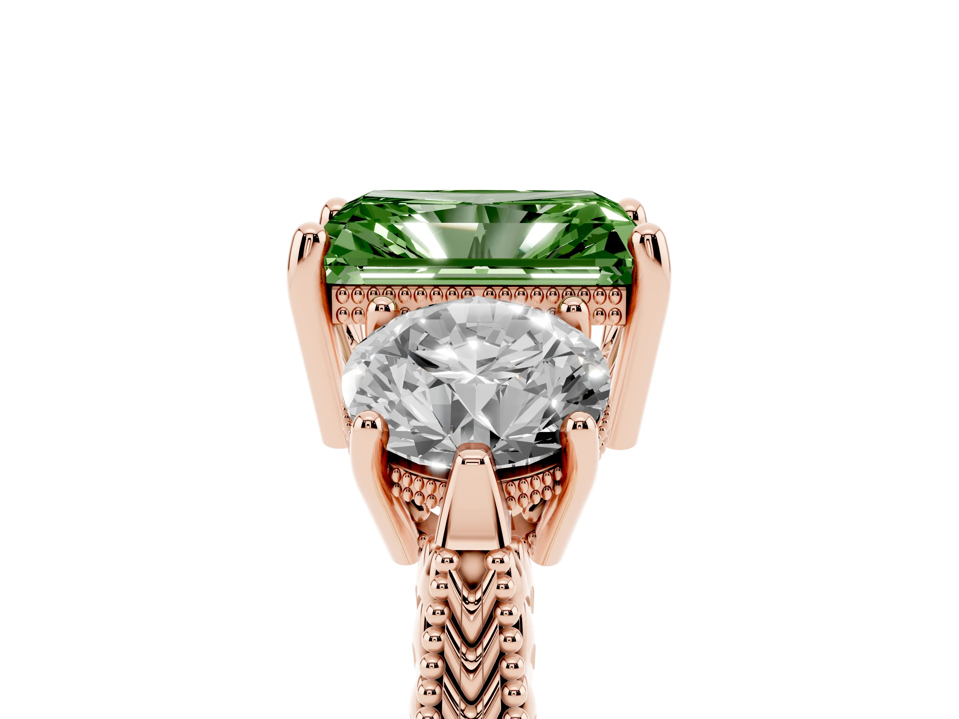 Radiant Cut Vintage Three Stone Engagement Ring Setting for a Fancy Green Lab-Grown Diamond | Milgrain Band | Rose Gold