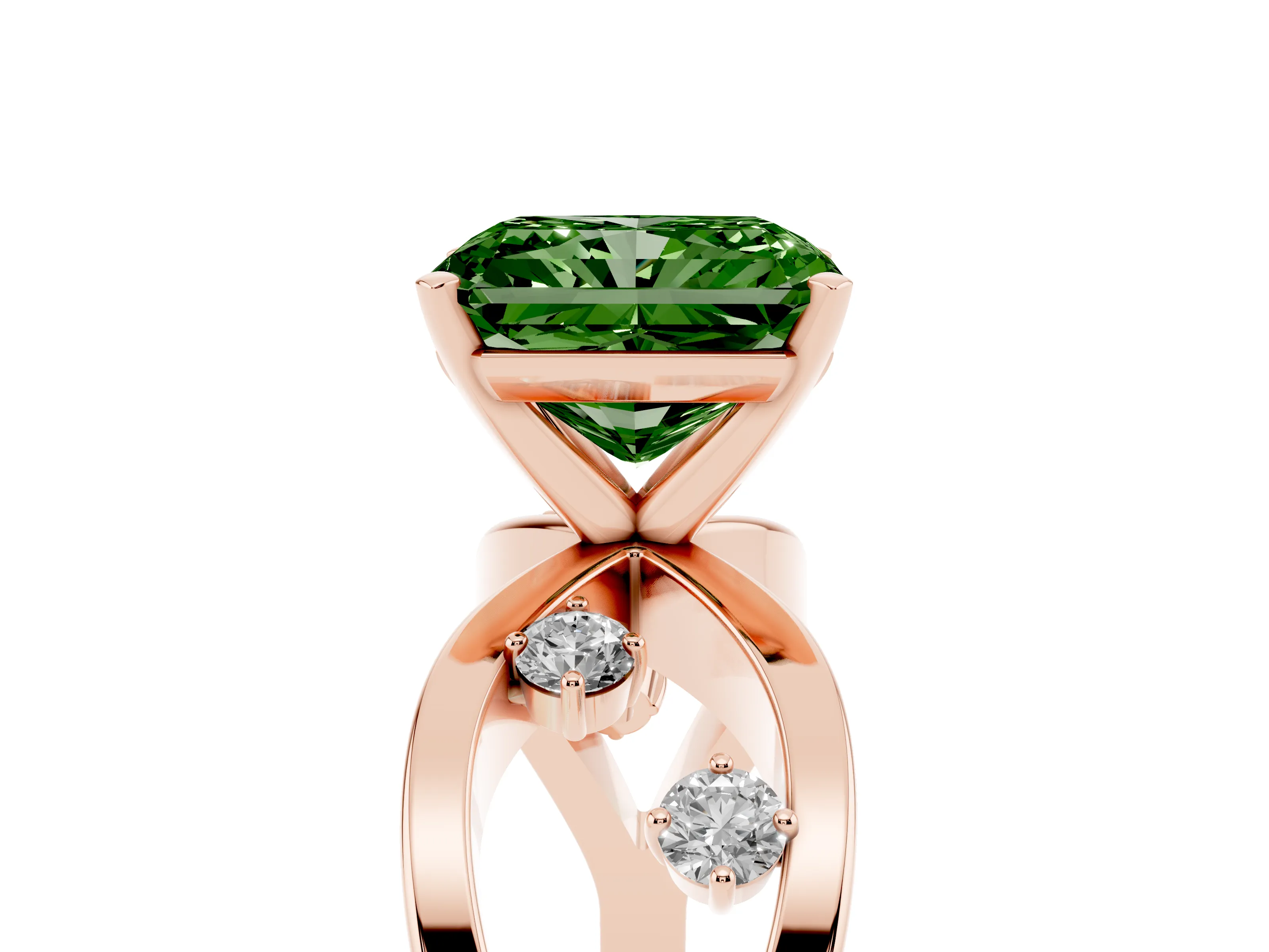 Fancy Green Radiant Cut Diamond Solitaire Ring Set in Rose gold with Side Stones on Criss-Cross Band and Prong Setting