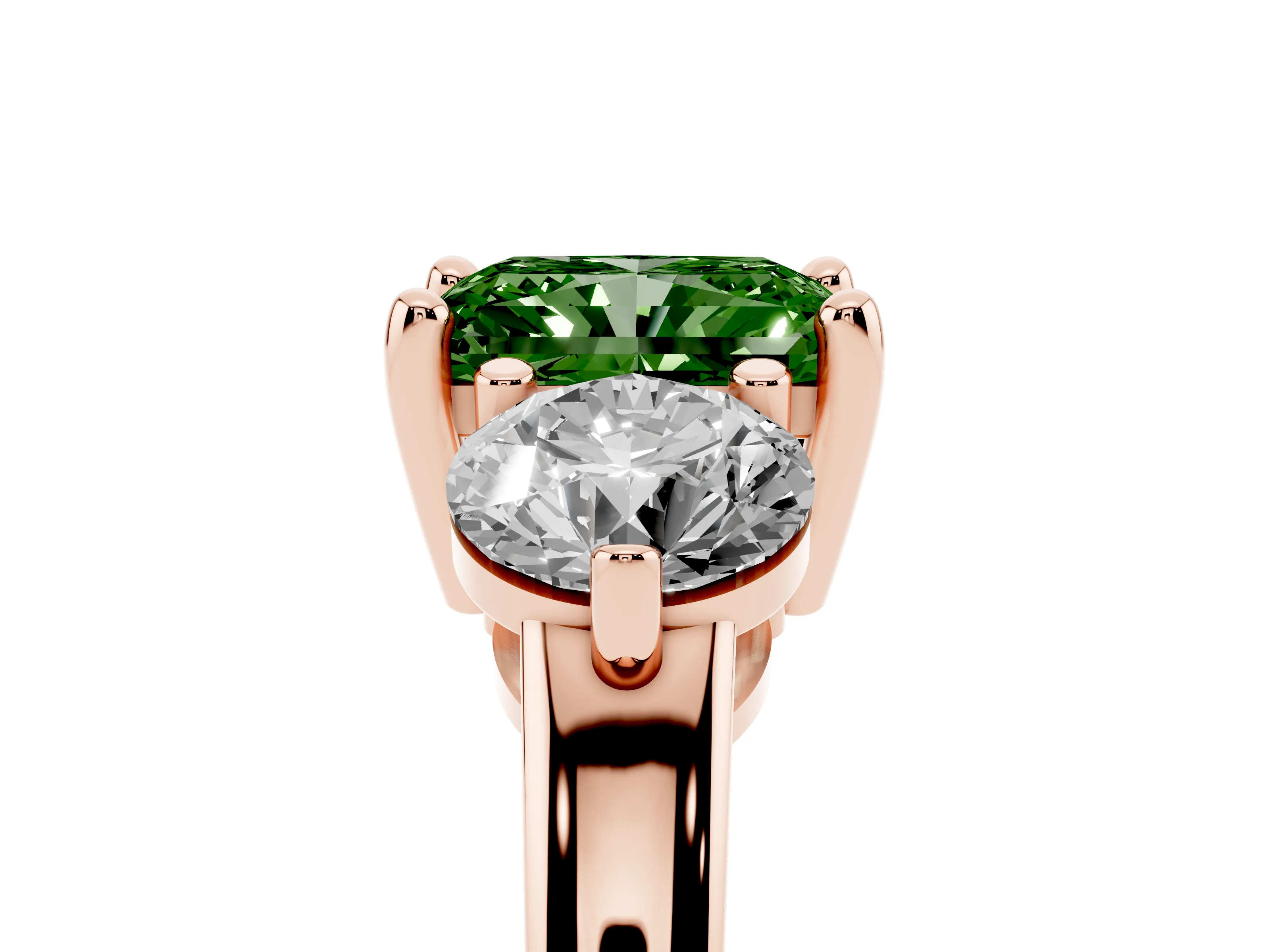 Fancy Green Radiant Cut Diamond Three-Stone Ring Set in Rose gold with Prong Setting and Classic Band